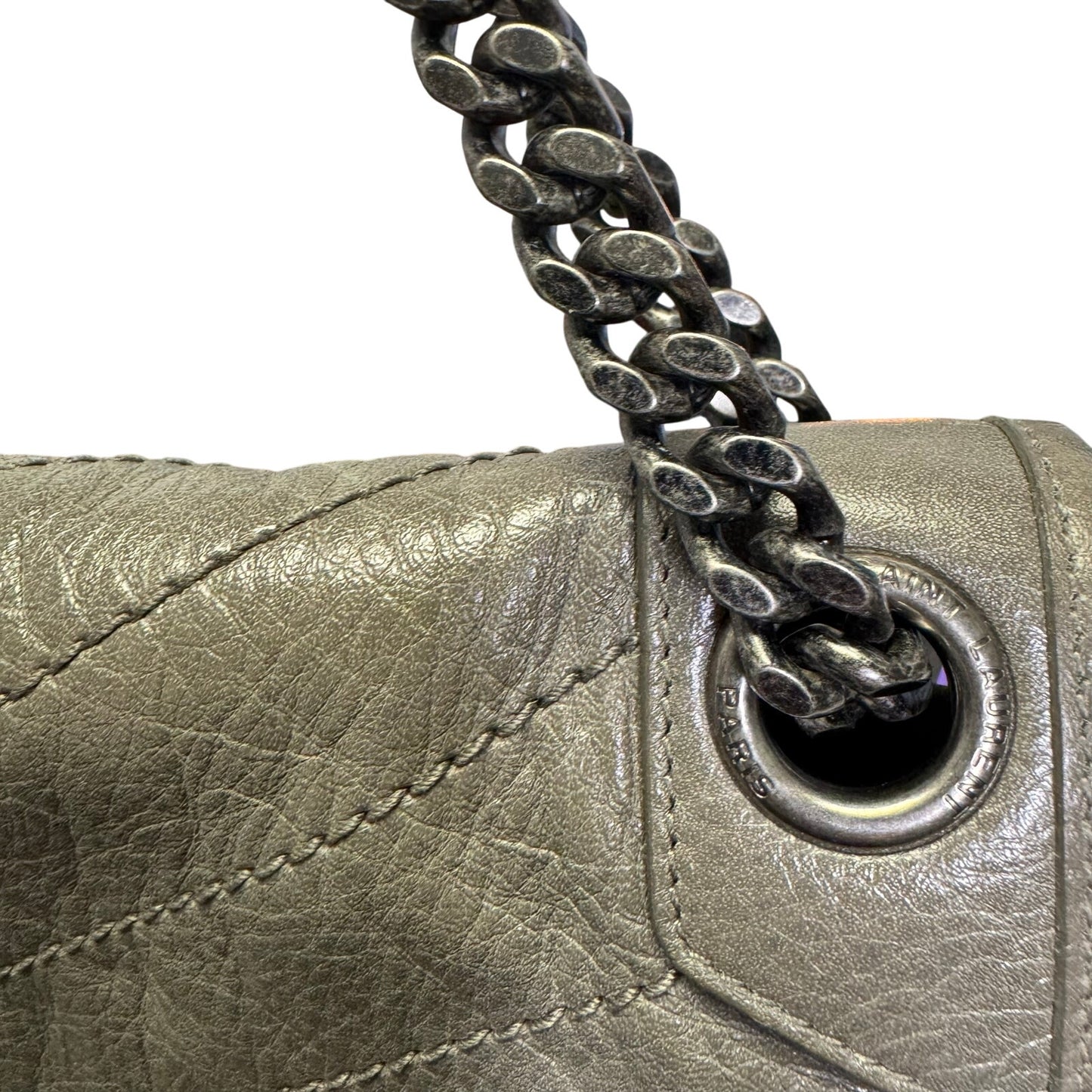 Yves Saint Laurent Fog Grey Crinkled Calfskin Monogram Niki Chain Satchel