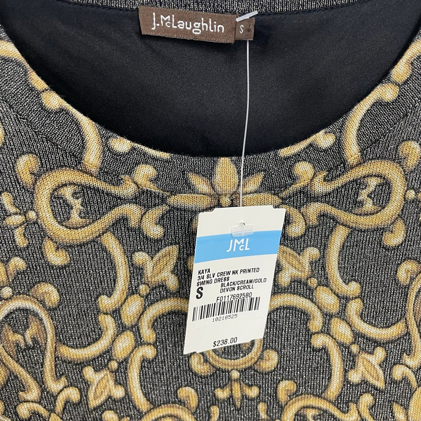 NWT J. McLaughlin Kaya Knit Swing Dress Black Gold Metallic Devon Scroll Small