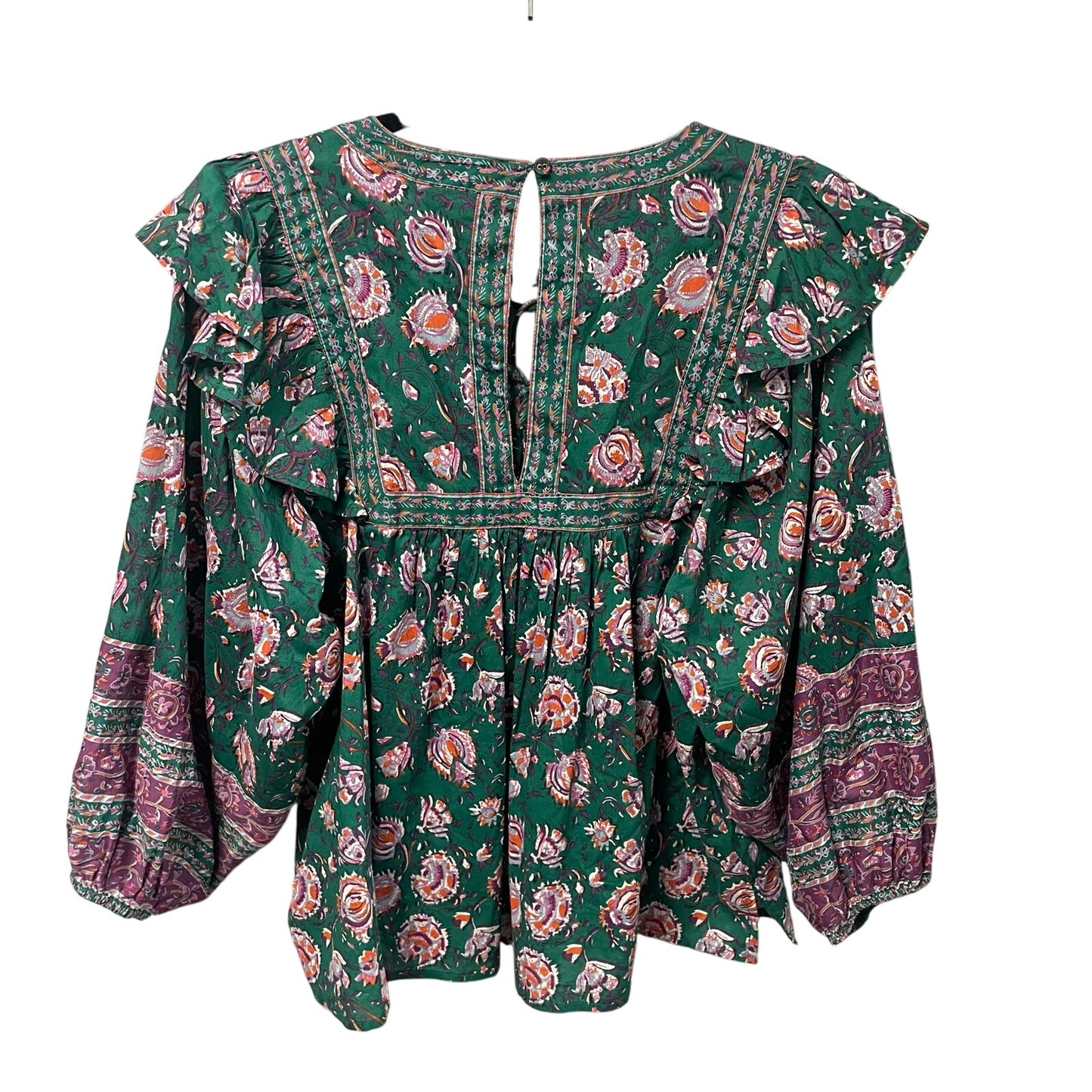 Cleobella Puff Sleeve Tie Neck Mylah Blouse In Jade Floral Green Purple Large