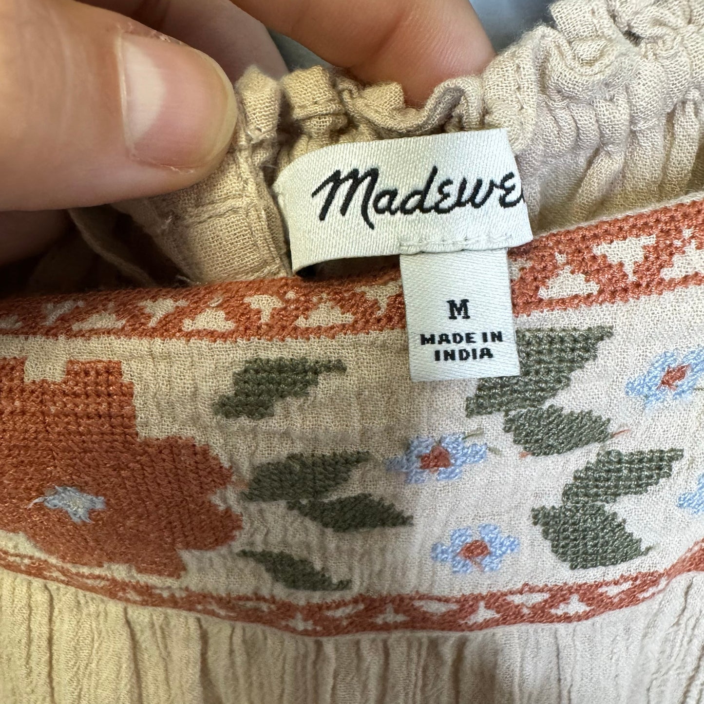 Madewell Tan Pink Floral Embroidered Short Sleeve Square Neck Top Womens Medium