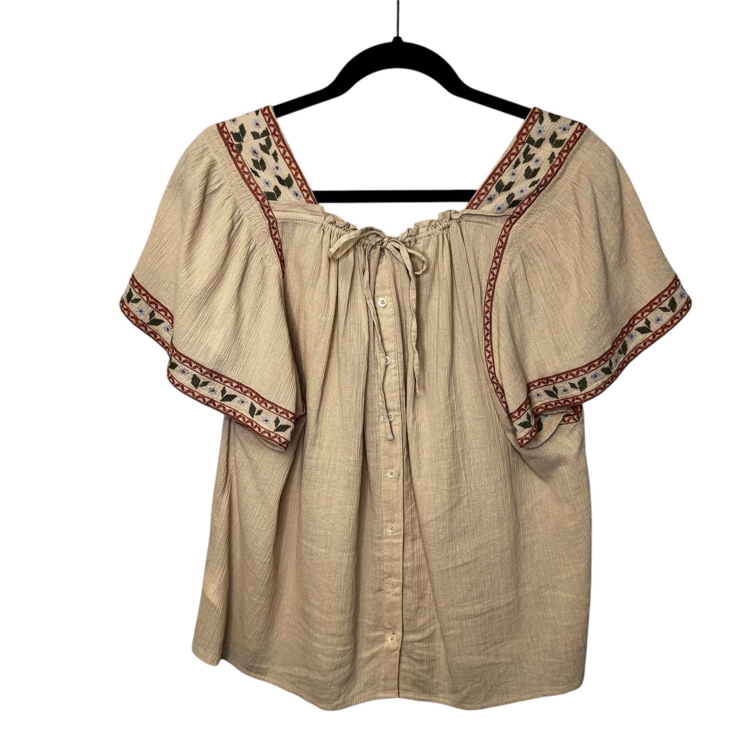 Madewell Tan Pink Floral Embroidered Short Sleeve Square Neck Top Womens Medium