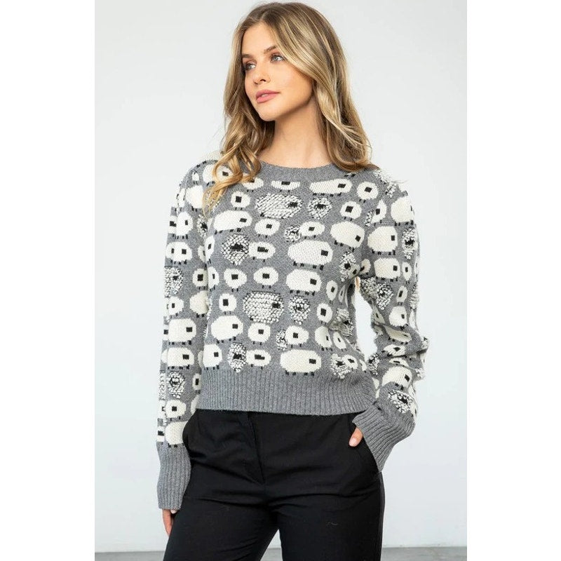 THML Grey White Sheep Print Long Sleeve Pullover Sweater Womens Size Small