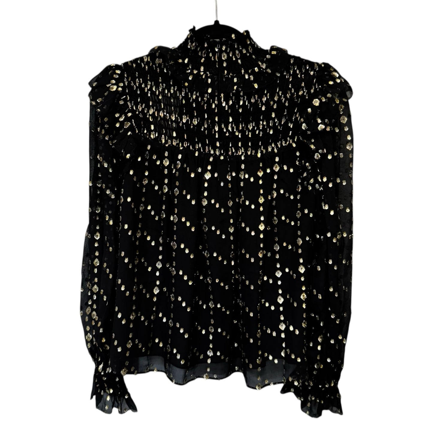 NWT Ulla Johnson Black Gold Cosmo Print Long Sleeve Mock Neck Mila Silk Blouse 2