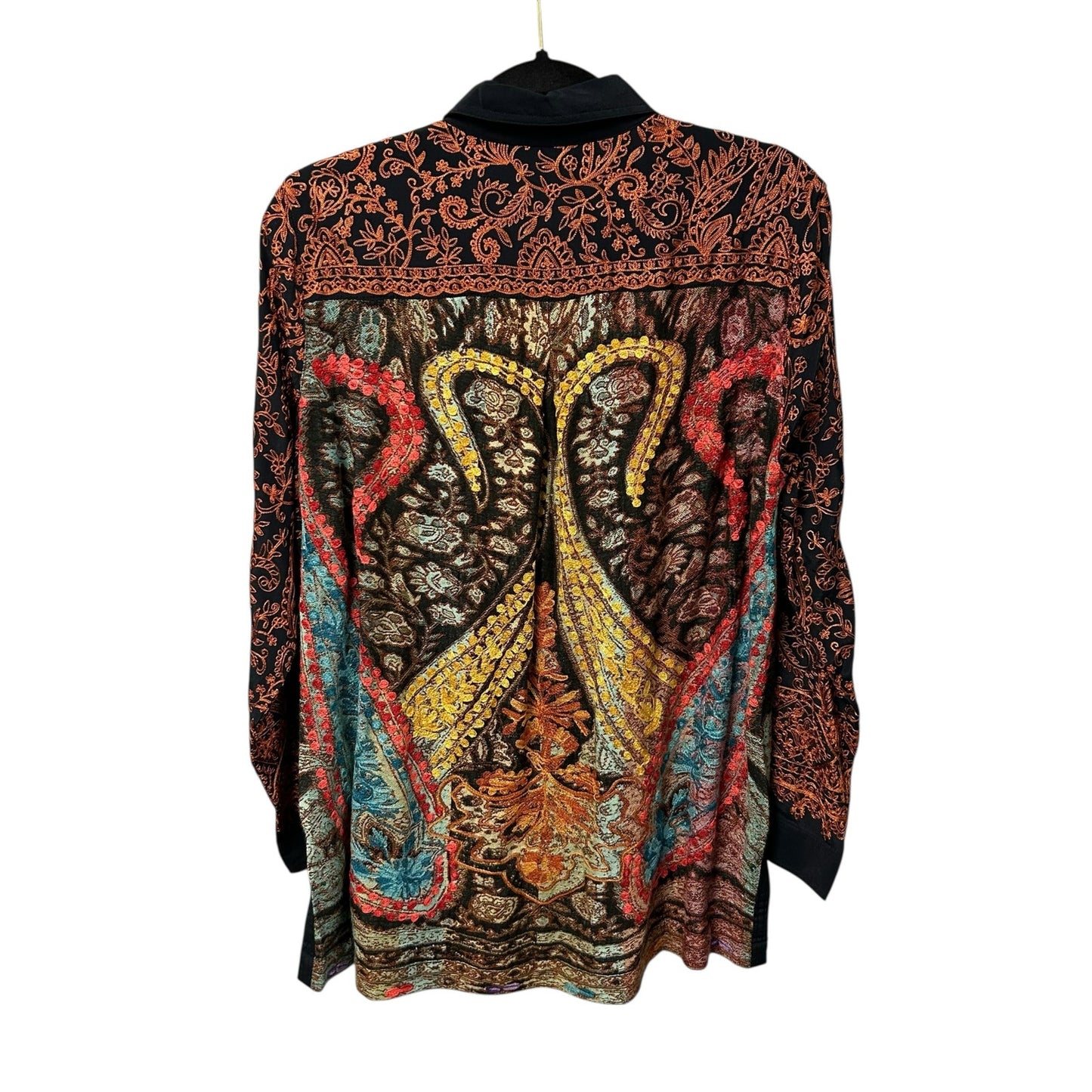John Mark Orange Navy Floral Embroidered Long Sleeve Button Up Top Womens Small