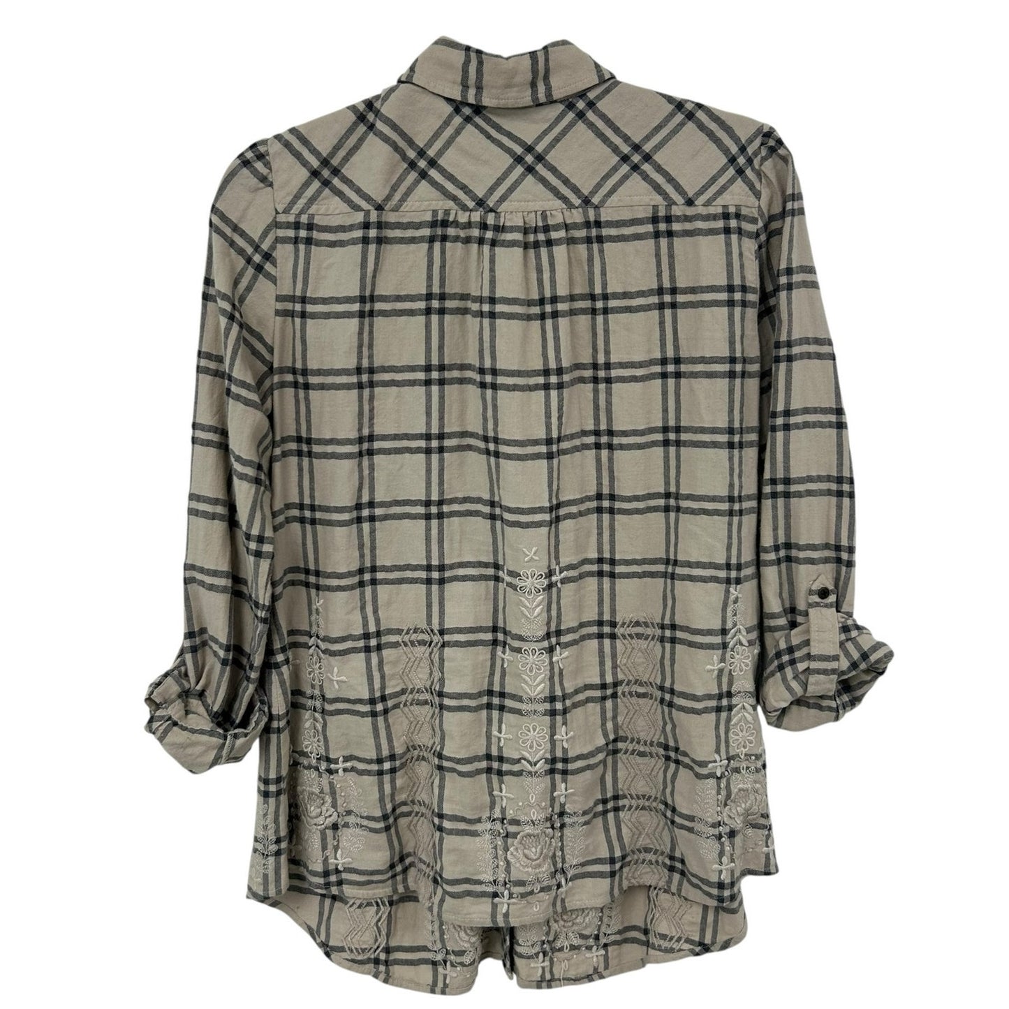 Johnny Was Workshop Tan Black Plaid Babydoll Button Up Shirt Womens Small