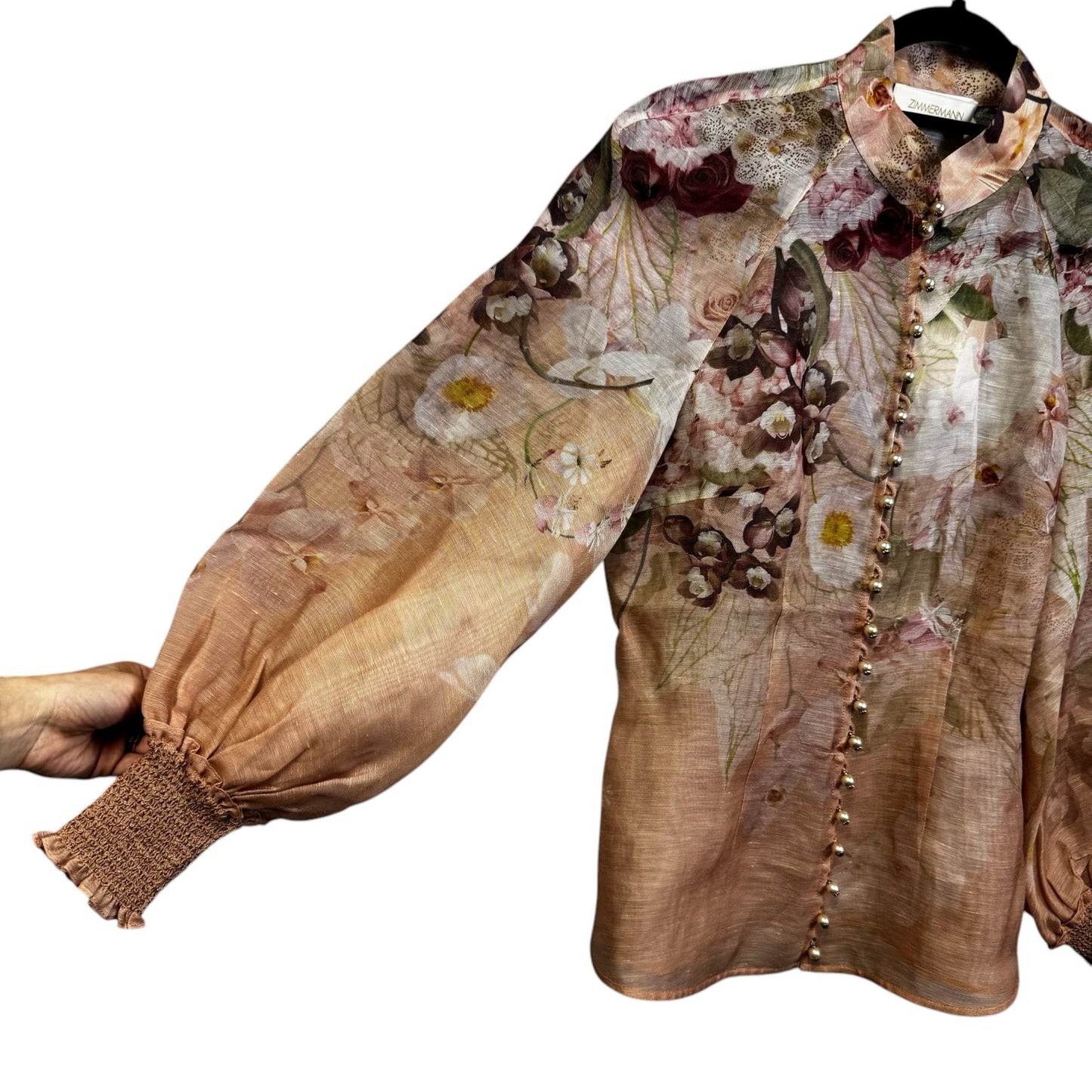 NWT Zimmermann Blush Dancer Floral Long Sleeve Silk Linen Blouse Womens 1 / US 6