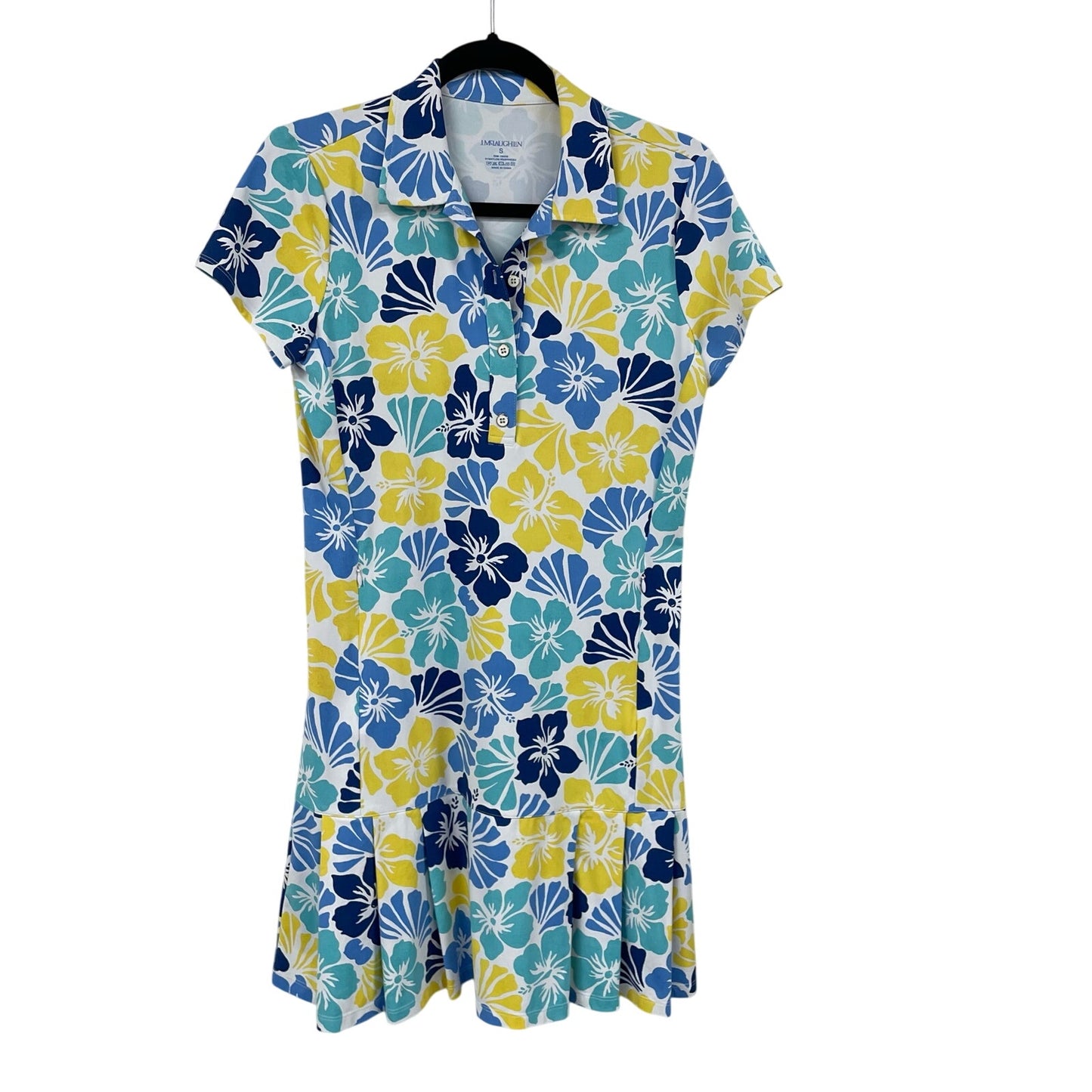J. McLaughlin Short Sleeve Pleated Tennis Dress Blue Yellow Floral Print Small
