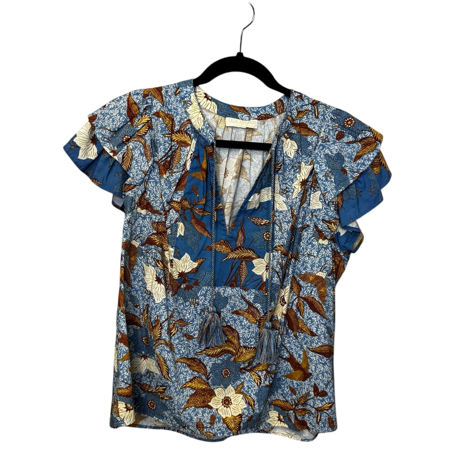 Ulla Johnson Blue Orange Floral Flutter Sleeve V Neck Cotton Top Womens 8