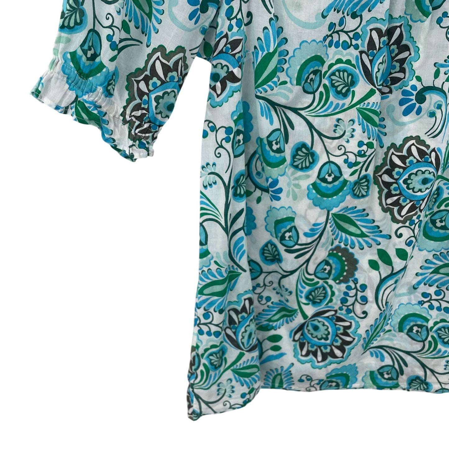 Talbots Short Sleeve Square Neck Blue Green Floral Print Top Womens Size XS