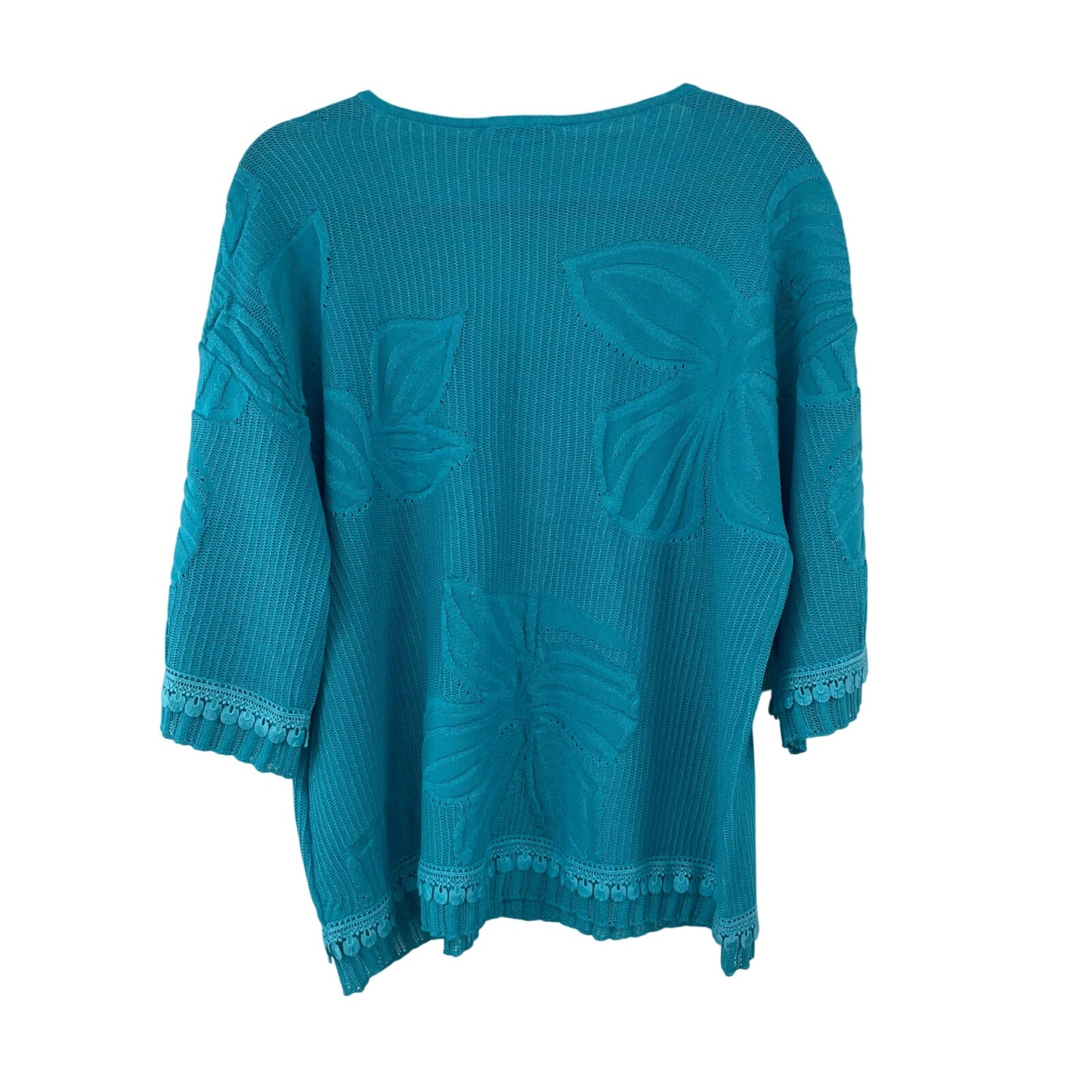 NWT Chico’s Palm Leaf Embroidered Pullover Sweater Ocean Blue Womens Large