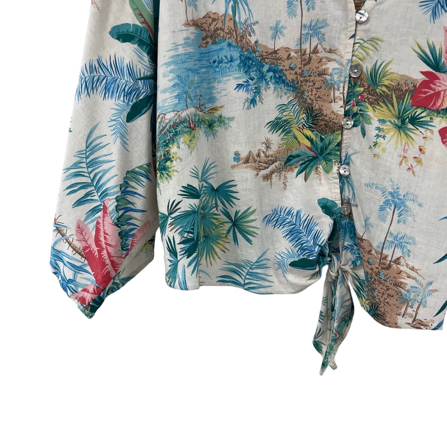 C&C California Linen Blend Tropical Floral Print Flare Sleeve Button Up Medium
