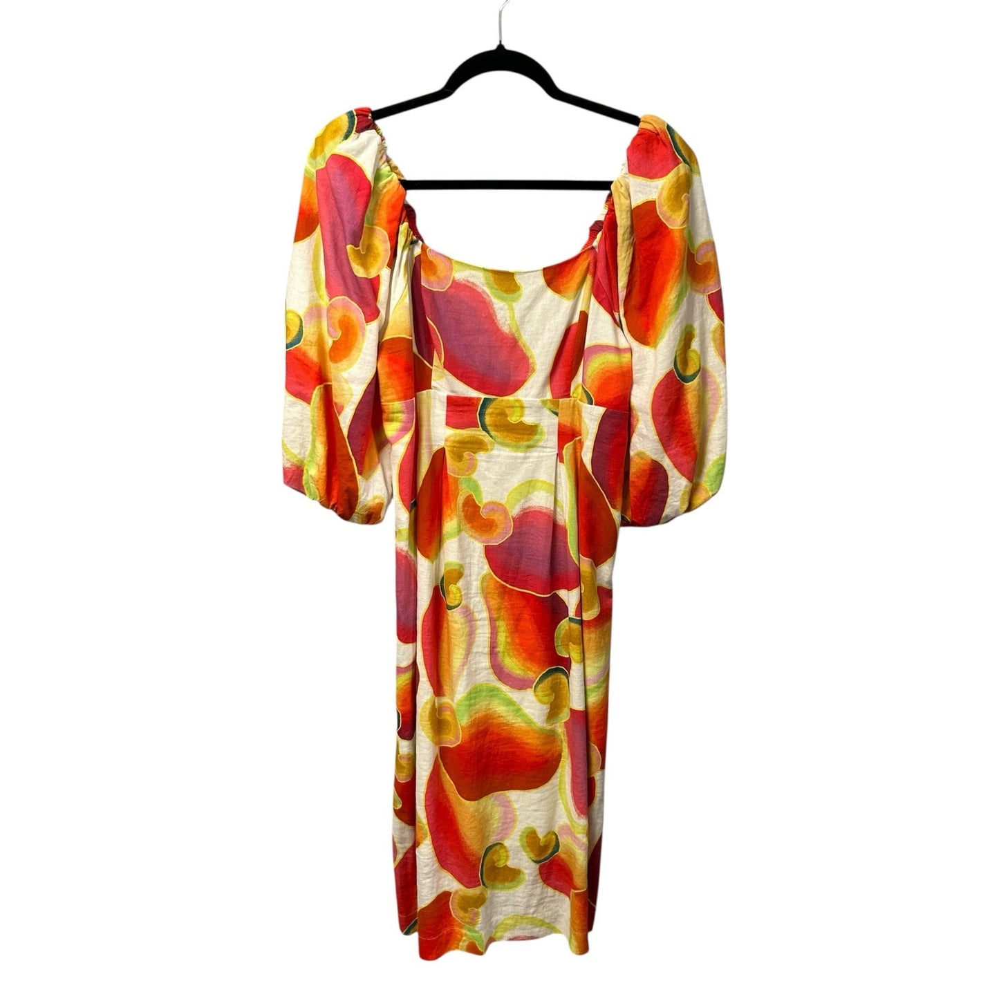 Farm Rio Cashew Juice Print Linen Blend Square Neck Midi Dress Womens Medium