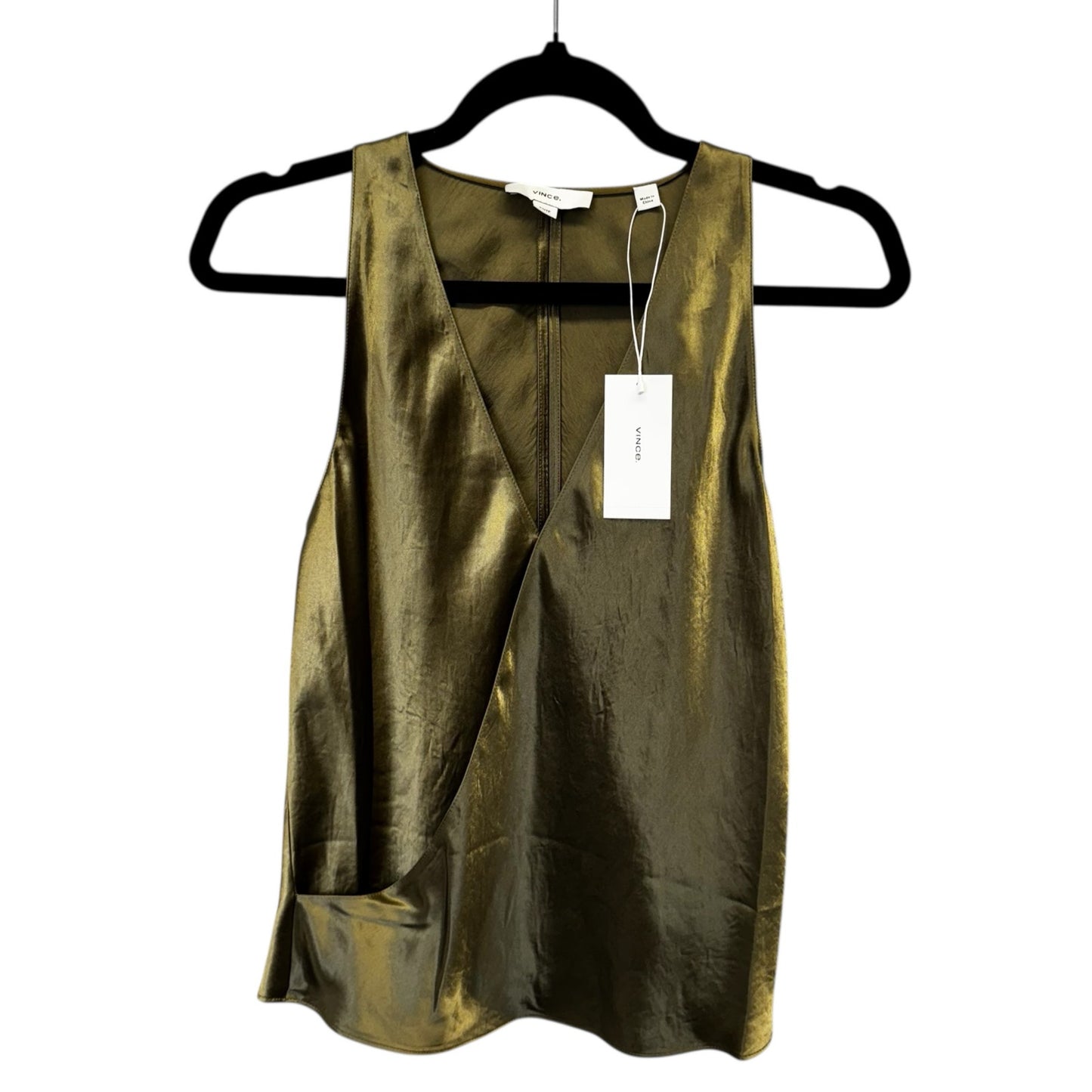 NWT Vince Earthly Green Sleeveless Surplice Neck Satin Tank Top Womens X-Small