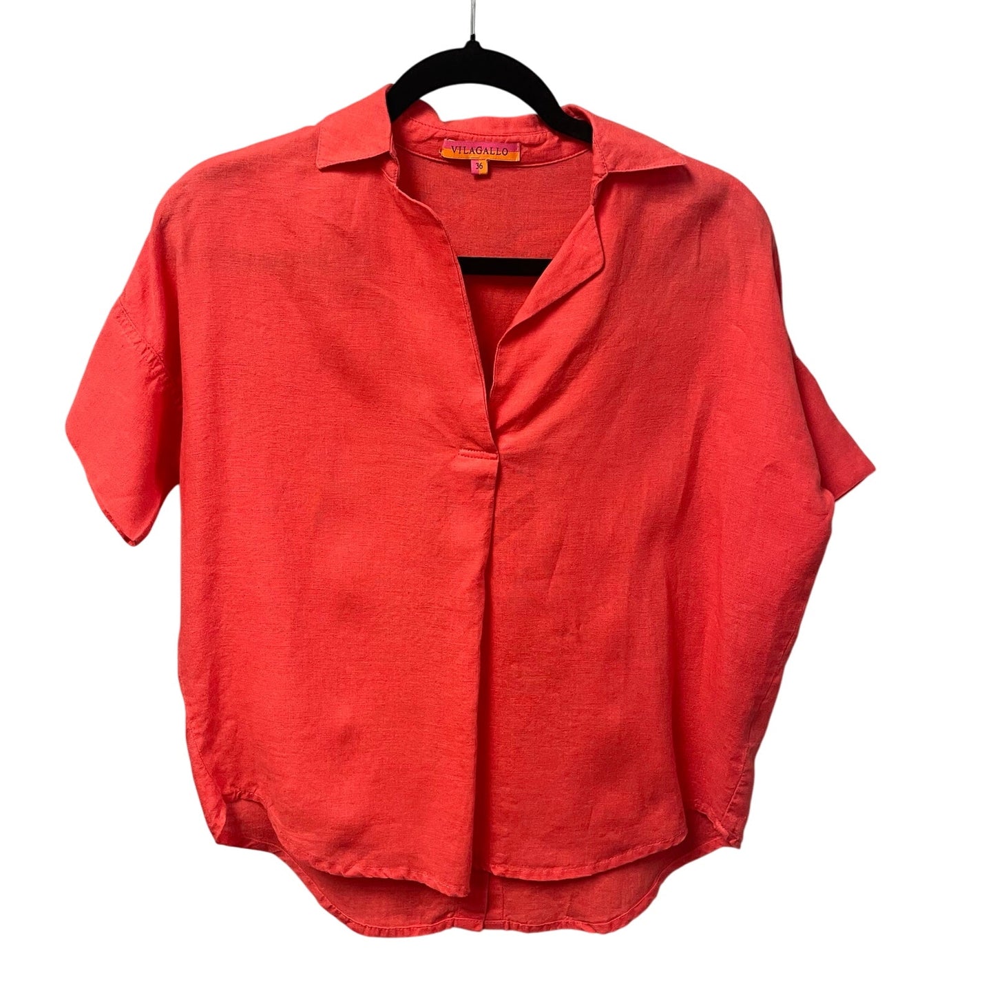 Vilagallo 100% Linen Split Neck Short Sleeve Popover Top Coral Red 36 / US 4
