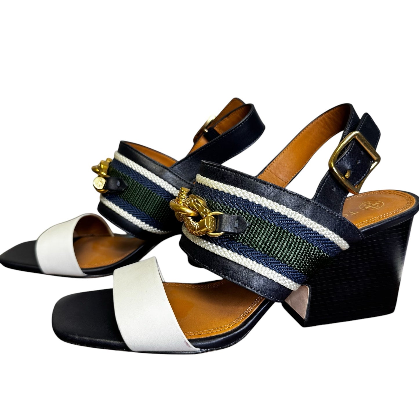 Tory Burch Navy Green White Jessa Slingback Block Heel Sandals Womens 8.5