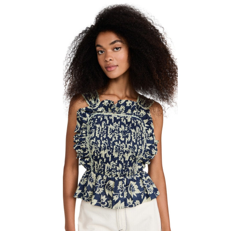 Sea New York Navy Tan Floral Print Sleeveless Cotton Smocked Top Womens Small
