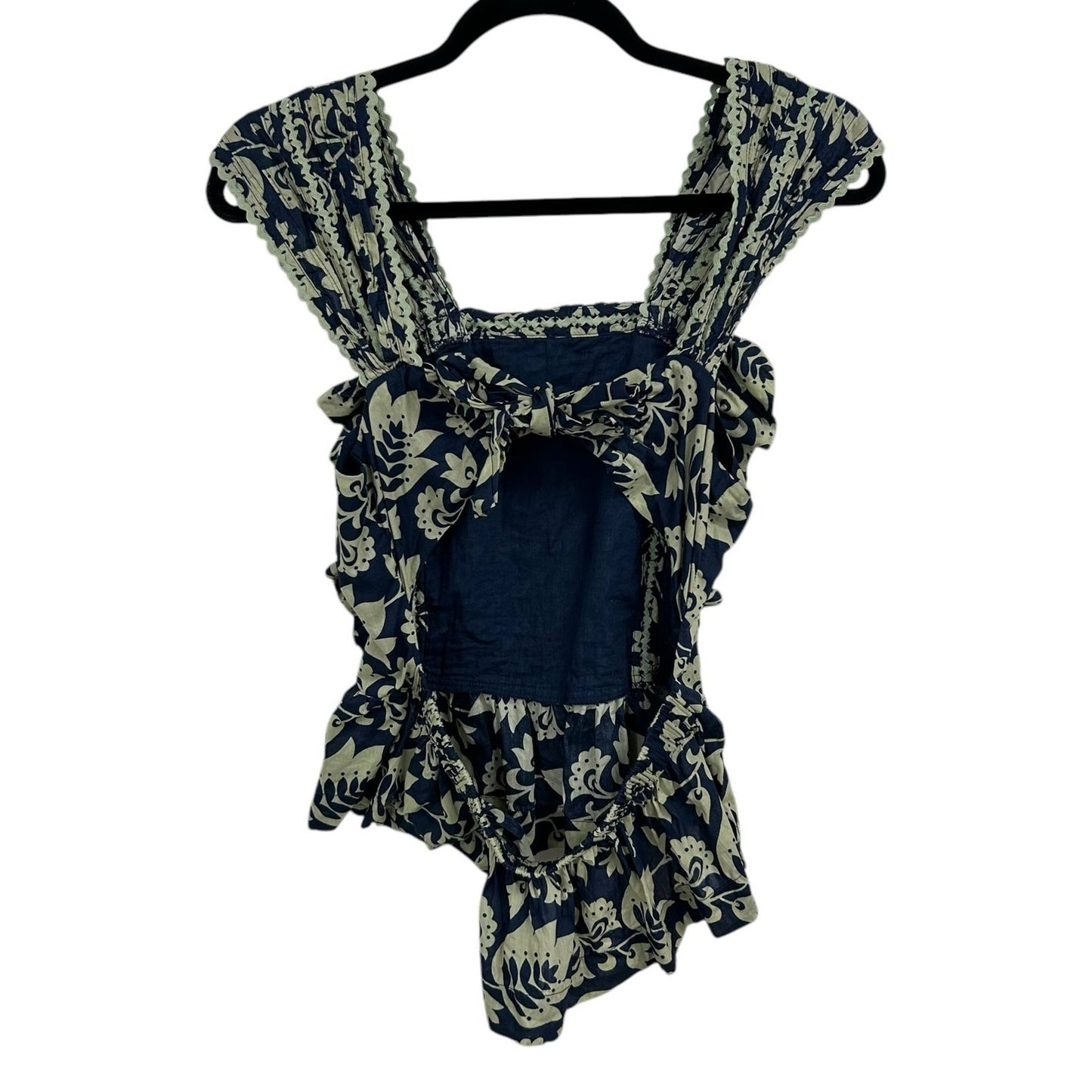 Sea New York Navy Tan Floral Print Sleeveless Cotton Smocked Top Womens Small