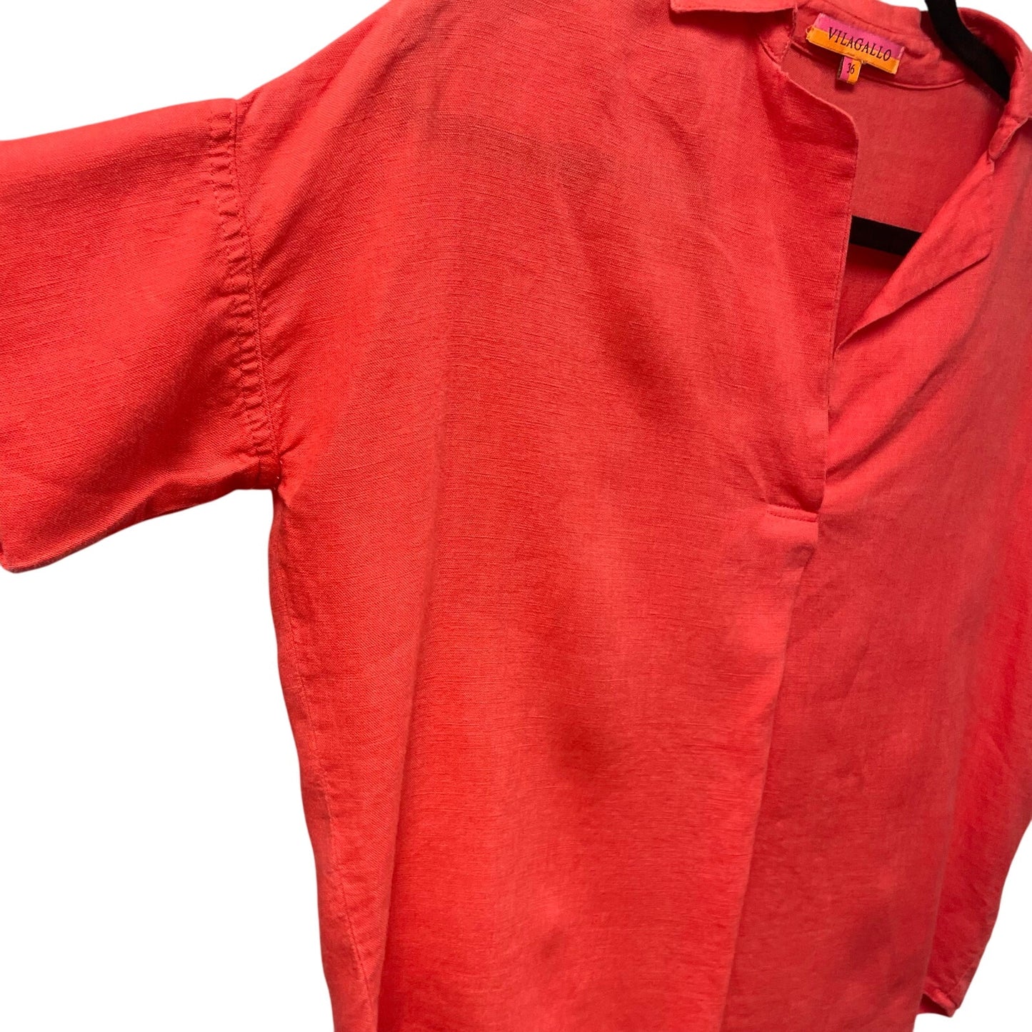 Vilagallo 100% Linen Split Neck Short Sleeve Popover Top Coral Red 36 / US 4