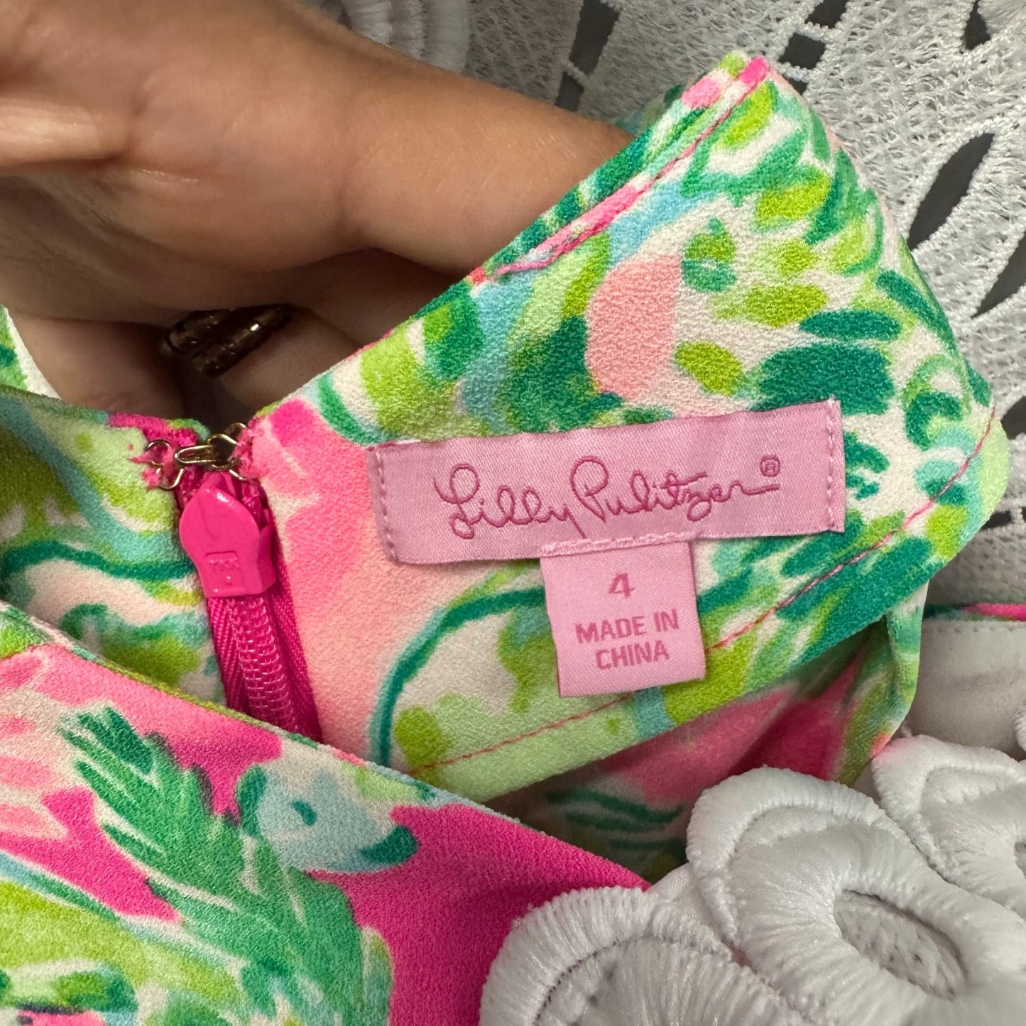 Lilly Pulitzer White Eyelet Pink Green Raz Berry Catty Shack Sadie Romper Size 4