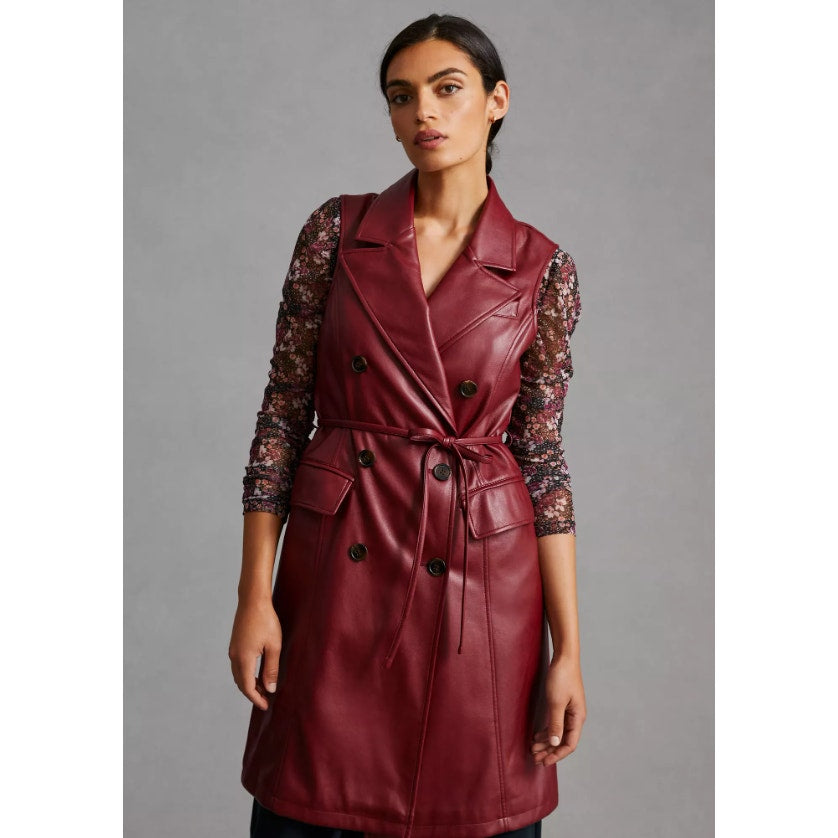 NWT Avec Les Filles Wine Red Faux Leather Sleeveless Belted Vest Womens XS