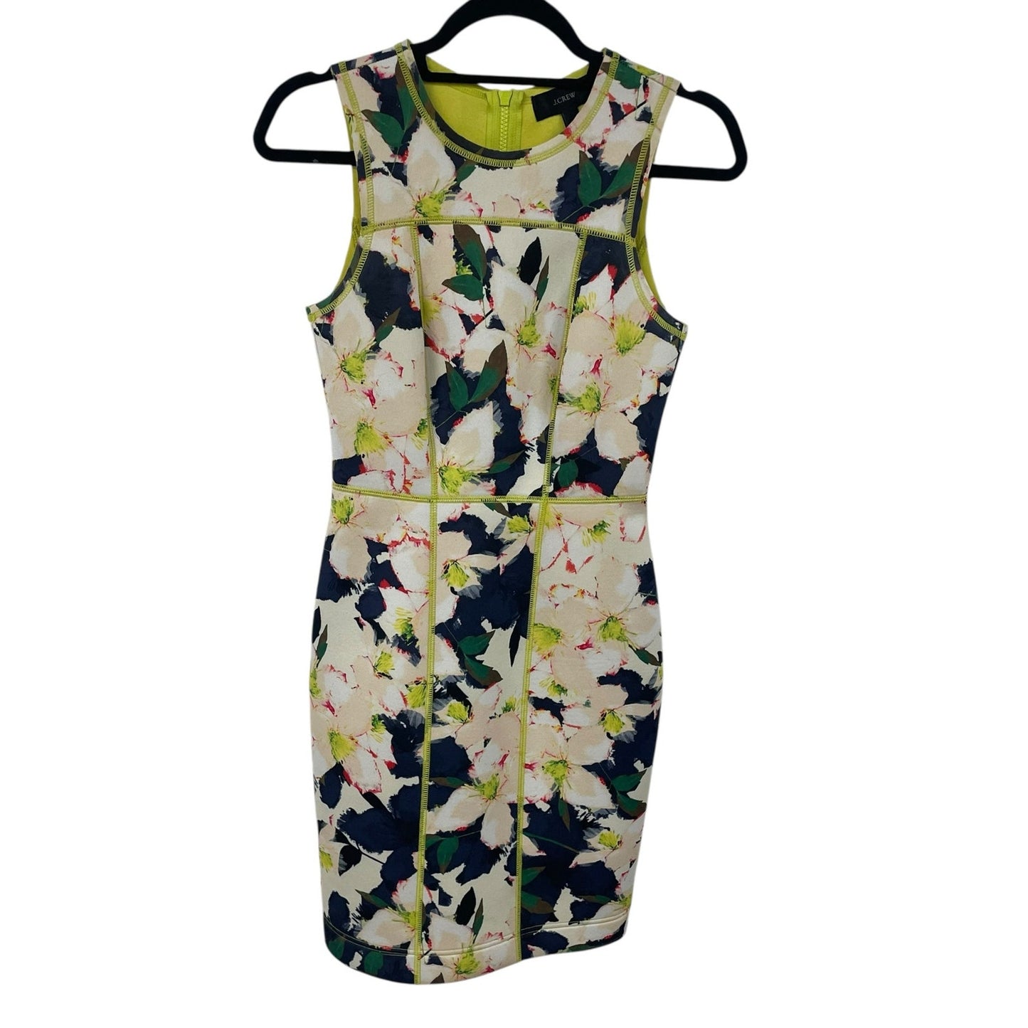 J. Crew Sleeveless Floral Cove Scuba Neoprene Sheath Dress Navy Yellow Womens 00