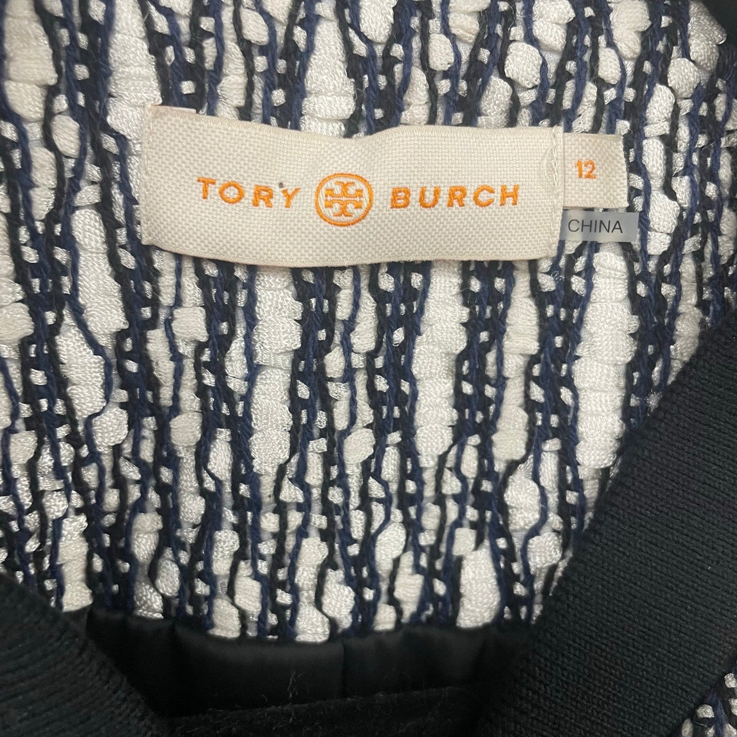 Tory Burch Button Front Boucle Tweed Coat Black Blue White Brown Womens 12