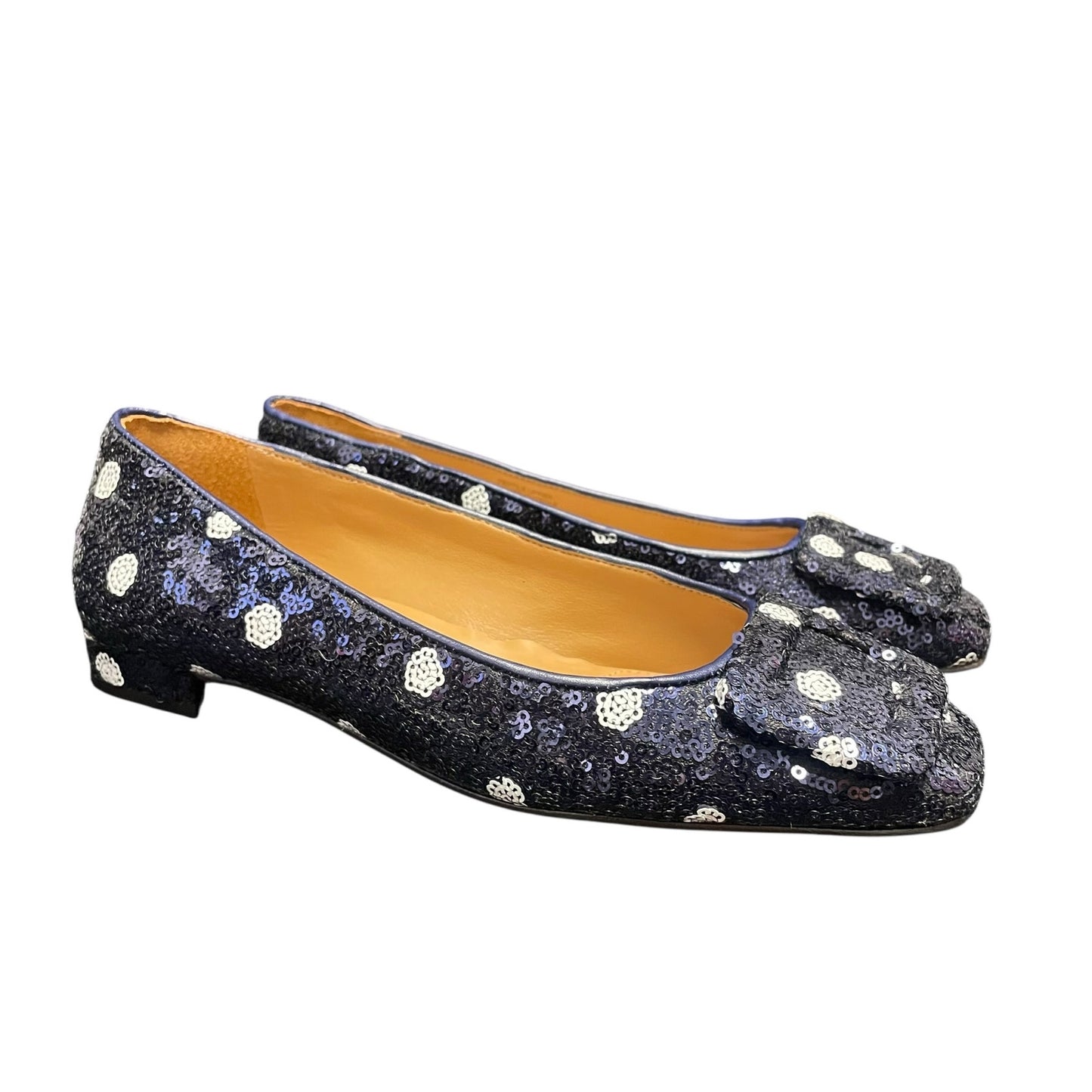 Talbots Sutton Buckle Flats Martini Dot Sequin Navy White Womens Size 6.5