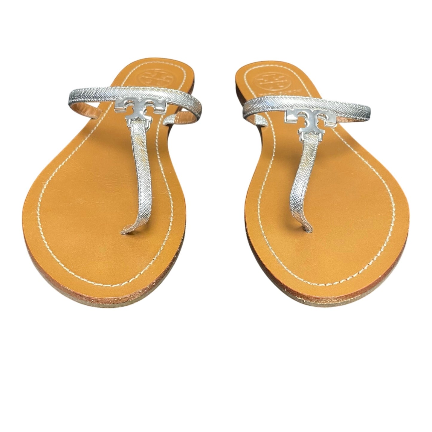 Tory Burch Metallic Silver T Logo T Strap Leather Sandals Womens 7.5
