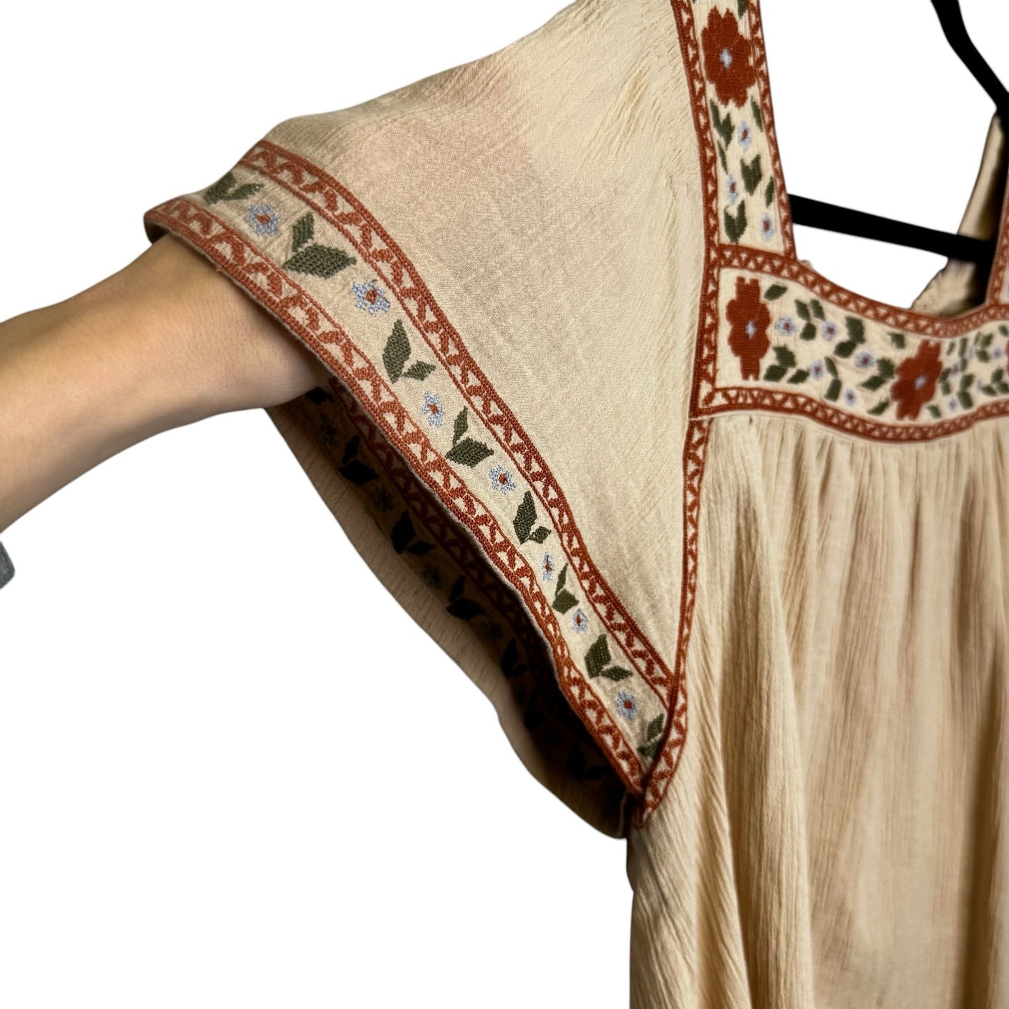 Madewell Tan Pink Floral Embroidered Short Sleeve Square Neck Top Womens Medium