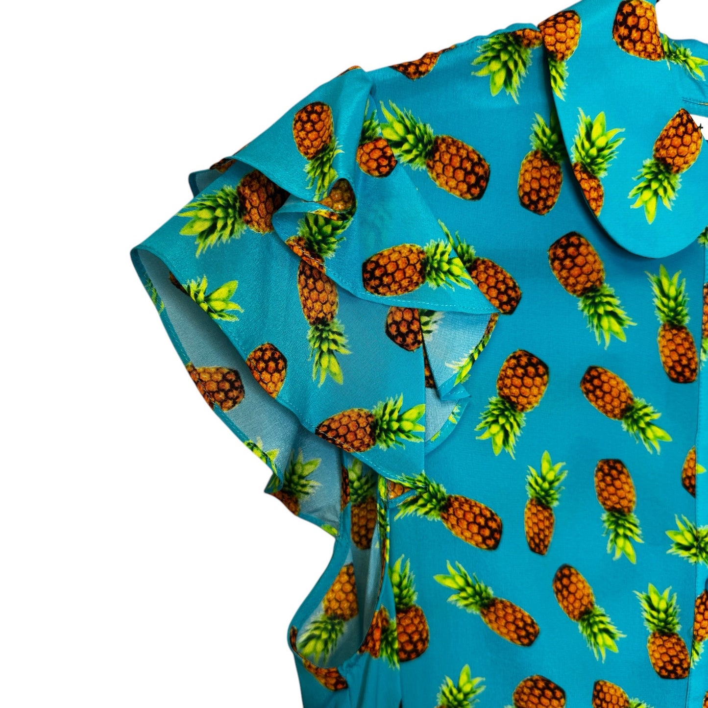 Alice + Olivia Blue Pineapple Print Flutter Sleeve Button Front Top Size Medium