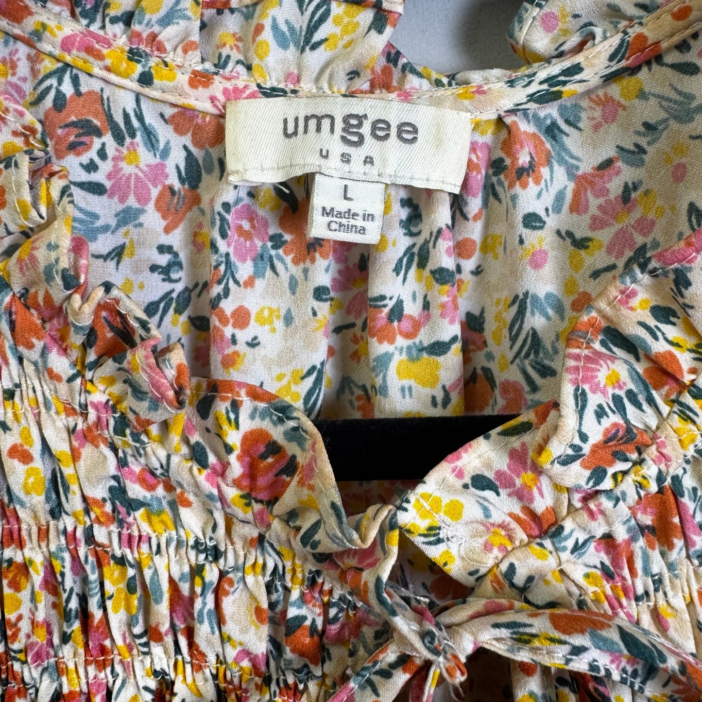 Umgee Multi Color Floral Print Flutter Sleeve Neck Tie Smocked Dress Women Large