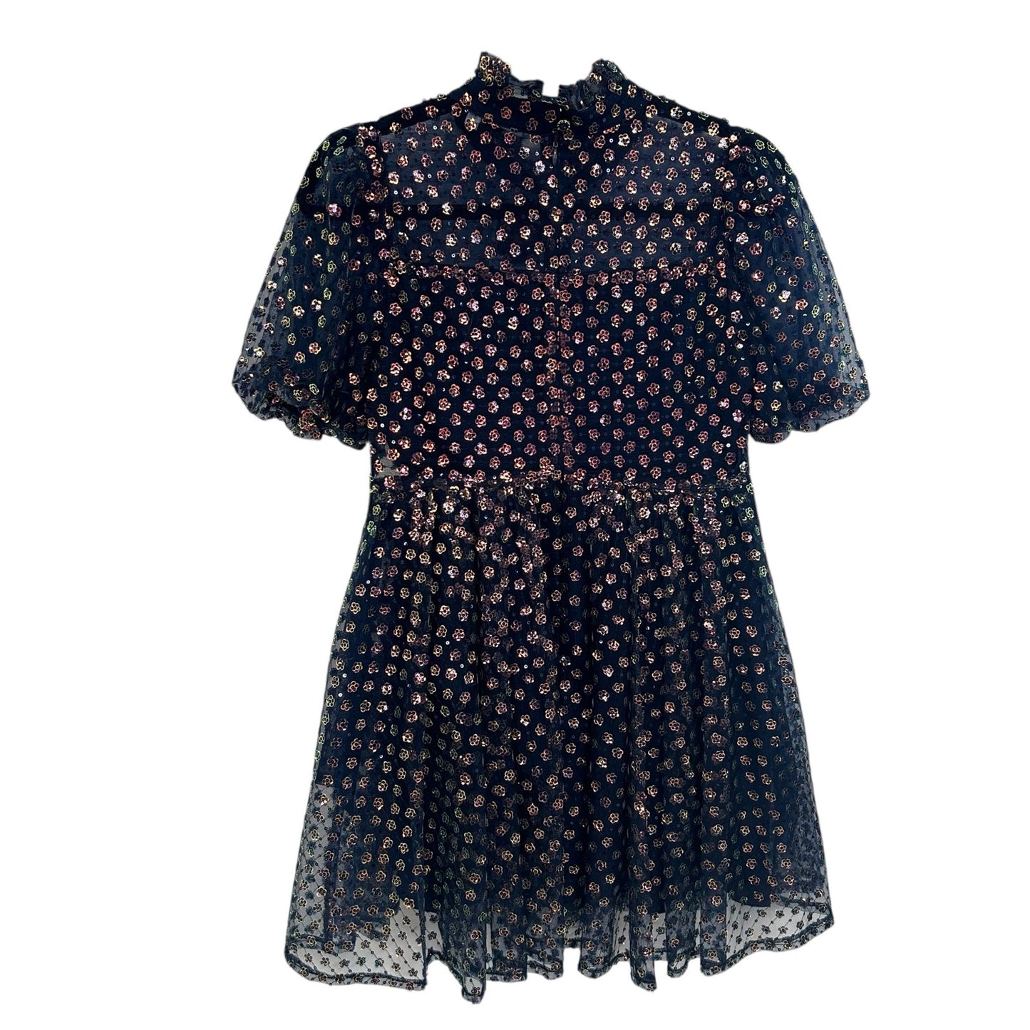 NWT Queen of Sparkles Navy Sequin Flower Short Sleeve Mini Dress Womens Small
