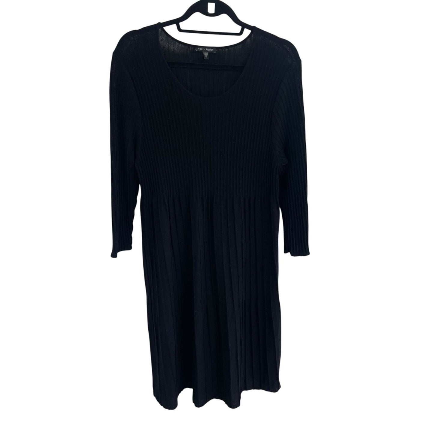 Eileen Fisher Pure Wool Knit Scoop Neck Pleated Sweater Dress Black Womens XL