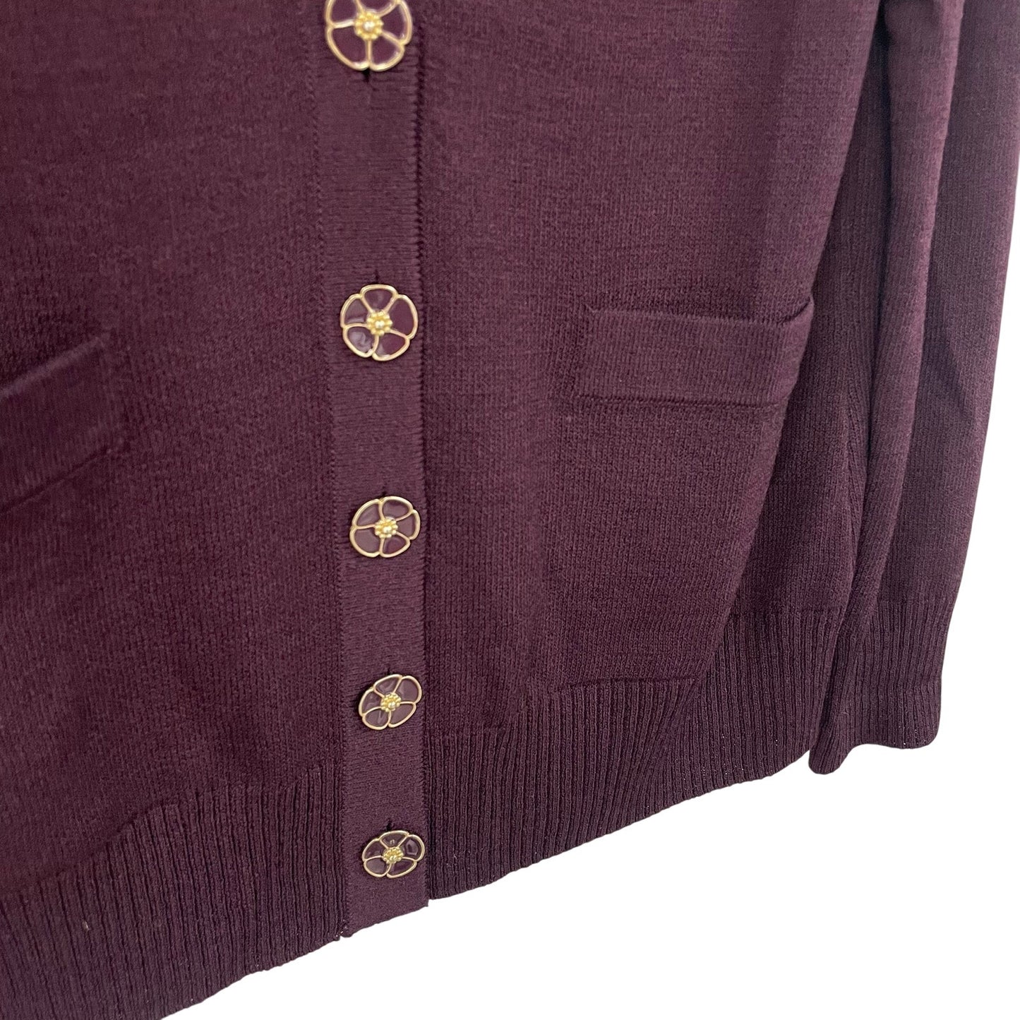 St. John Burgundy Purple Santana Knit Flower Button Up Cardigan Sweater Medium