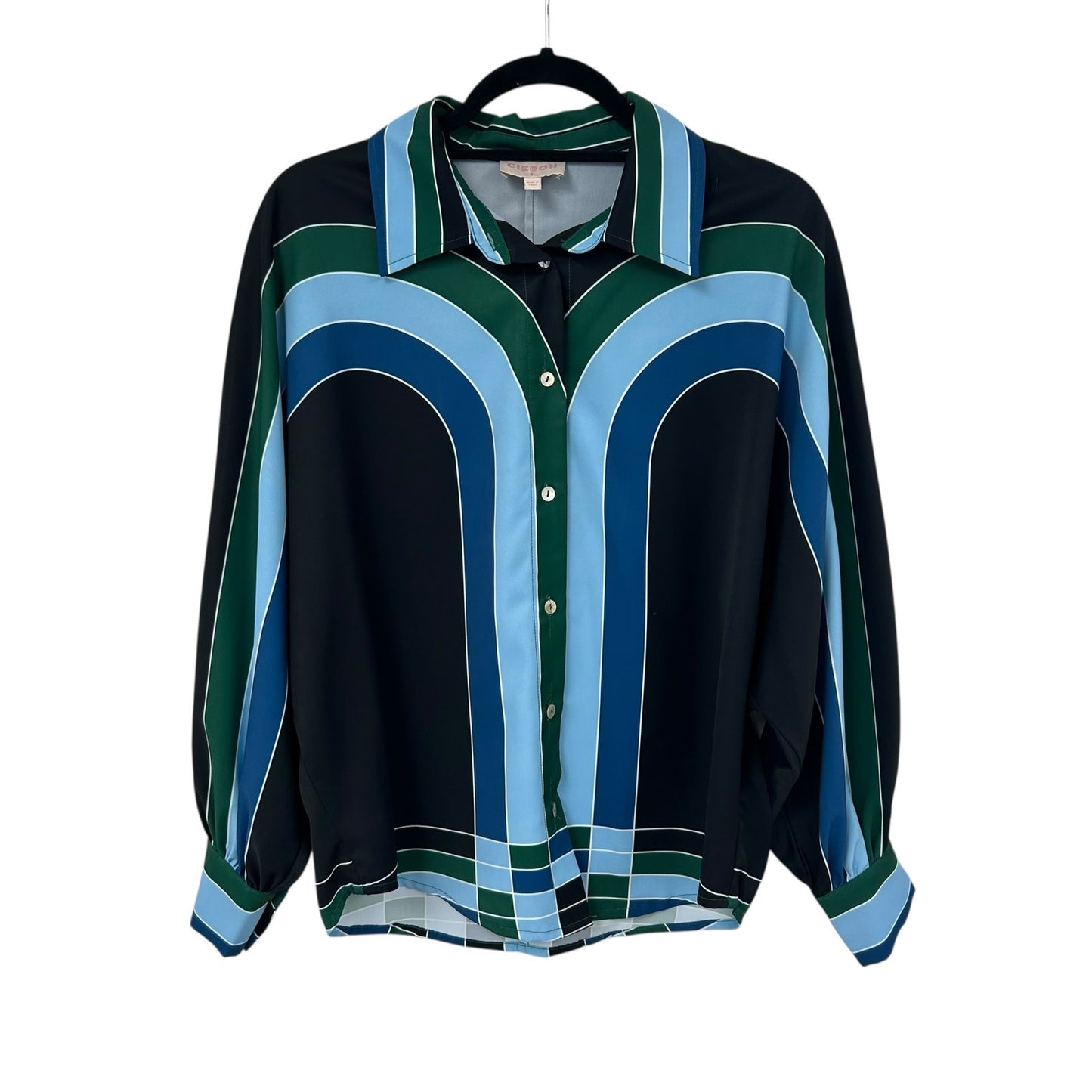 Ciebon Blue Black Green Colorblock Long Sleeve Button Up Shirt Womens Small
