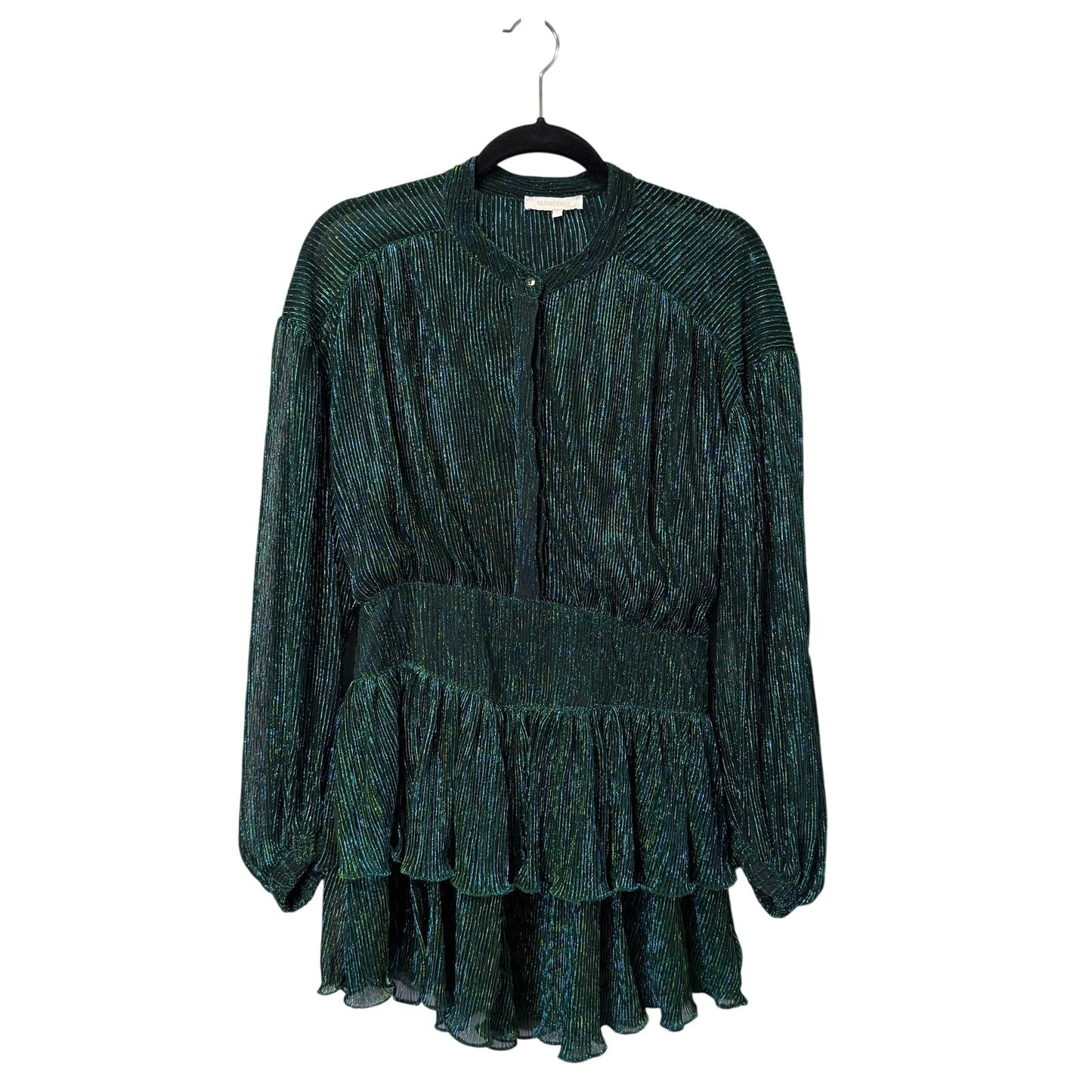 NWT Olivaceous Green Balloon Sleeve Button Up Layered Mini Dress Womens Large