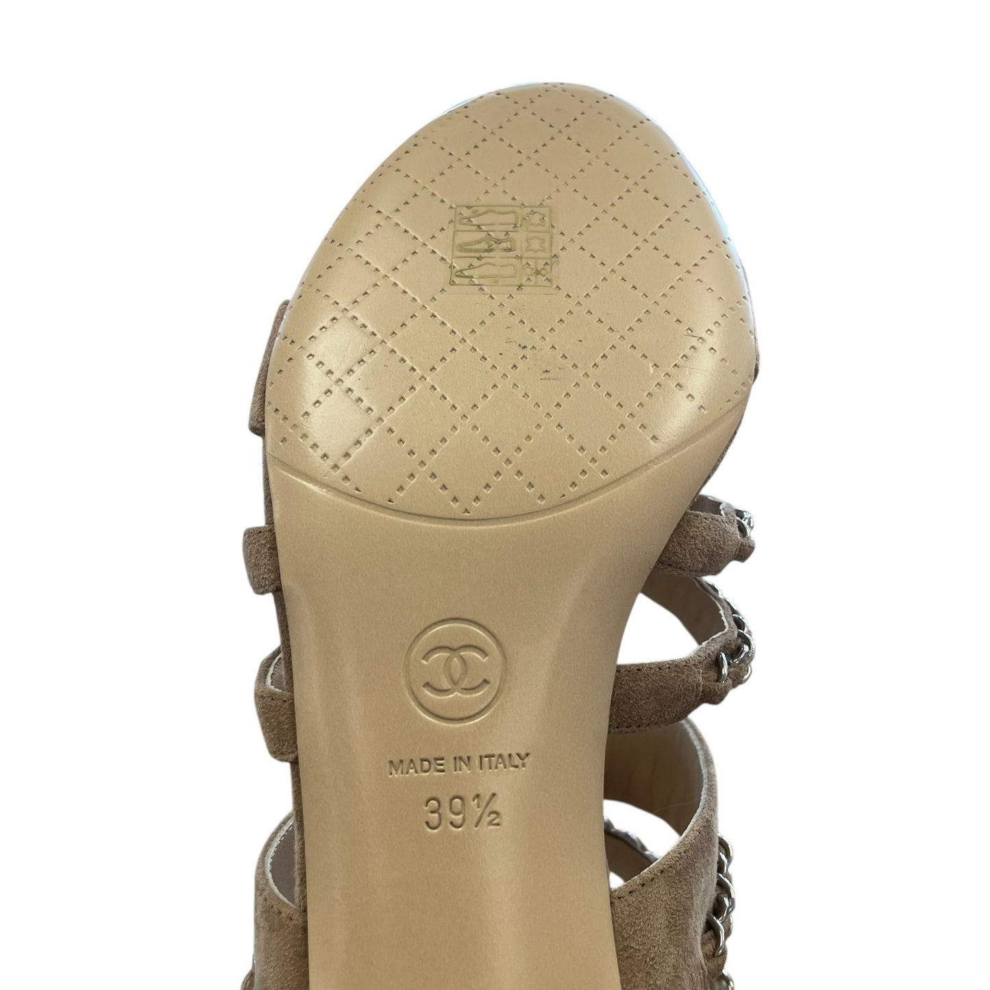 Chanel Tan Suede Silver Chain Accent Logo Block Heel Sandal Womens 39.5 / US 8.5