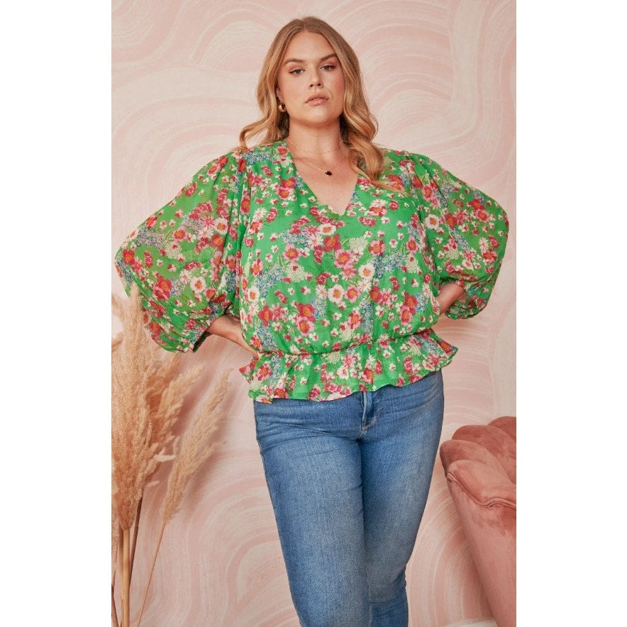 NWT Sugar Lips Curve Akina Floral Ways Ballon Sleeve Blouse Green Pink Womens 3X