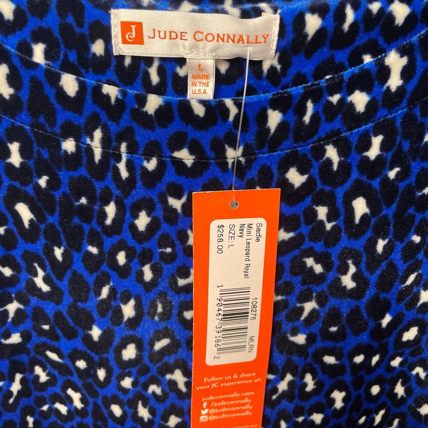 NWT Jude Connally Sadie Mini Dress Royal Blue Navy Velour Leopard Print Large