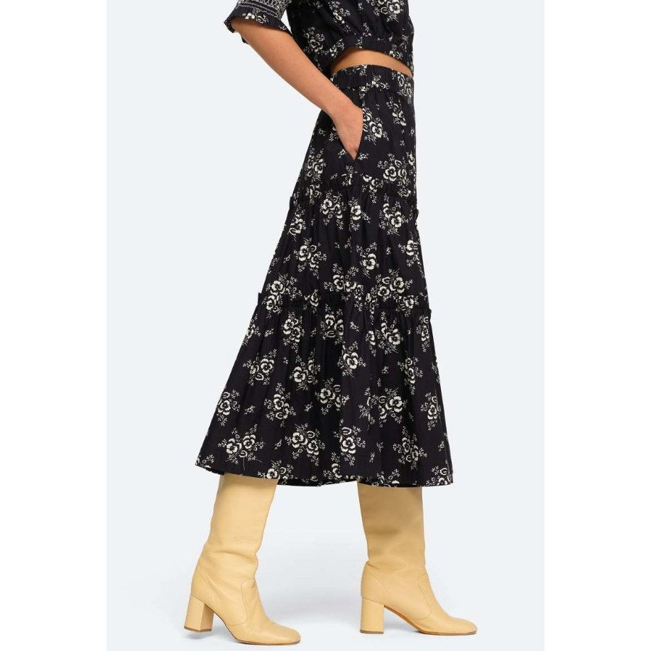 SEA New York Black White Floral Tiered Ruffle Alessia Midi Skirt Medium