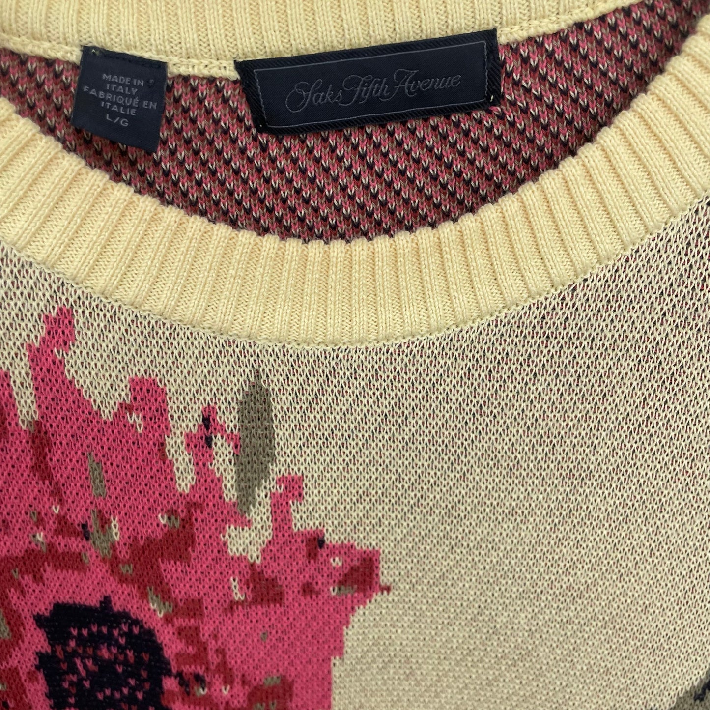 Saks Fifth Avenue Floral Intarsia Sweater Lemonade Yellow and Pink Mens Large