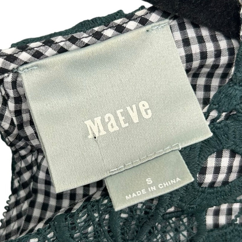 Maeve Black White Gingham & Green Lace Pleated Hem Tie Back Top Womens Small
