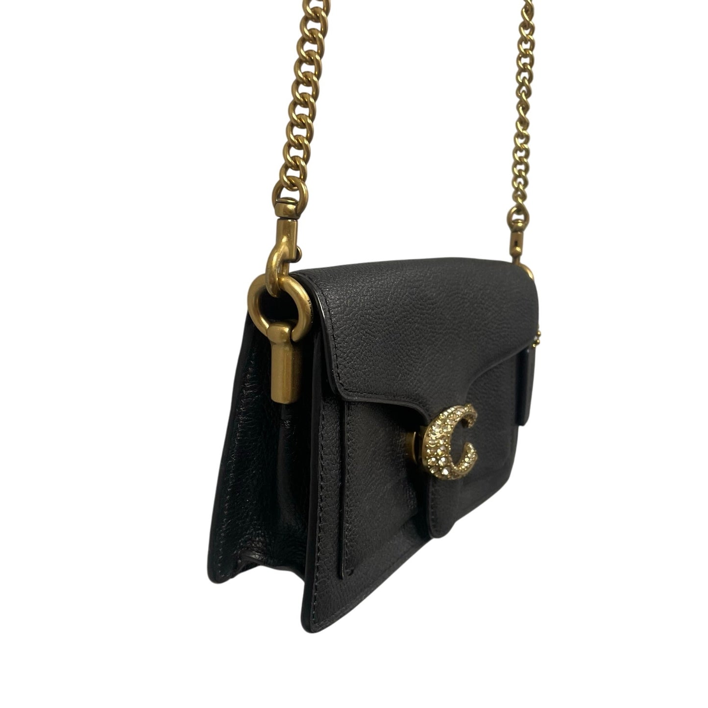 Coach Tabby Mixed Leather Chain Crossbody Bag With Gem C Closure Black Gold