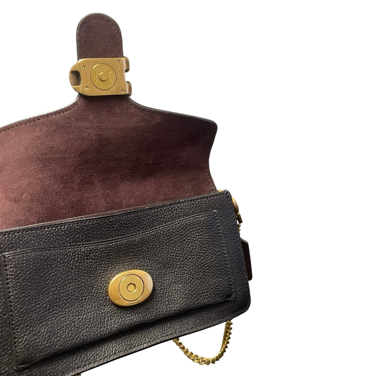 Coach Tabby Mixed Leather Chain Crossbody Bag With Gem C Closure Black Gold
