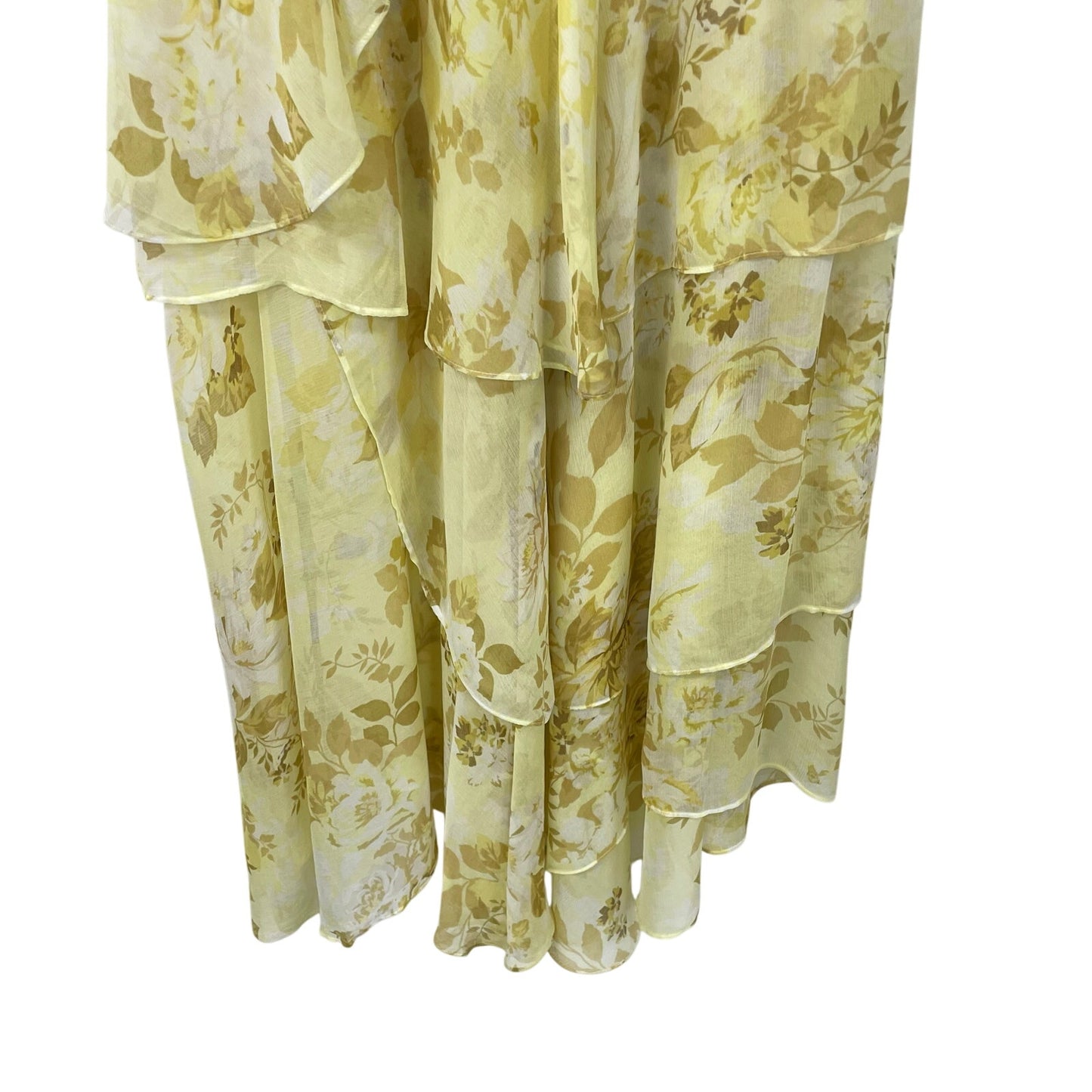 Shona Joy Light Yellow Floral Leticia Tiered Dress Mock Neck Midi Length US 4