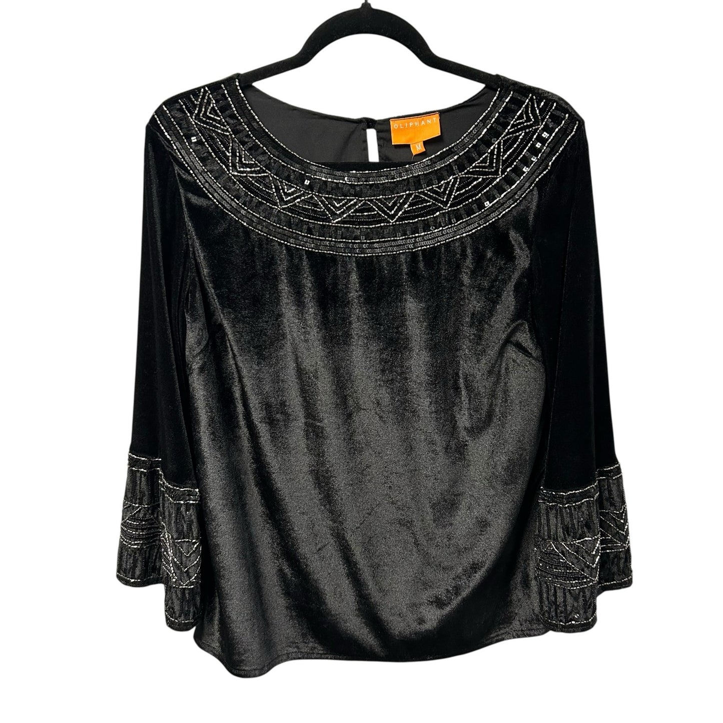 Oliphant Black Beaded Sequin Embellished Velvet Long Sleeve Top Womens Medium
