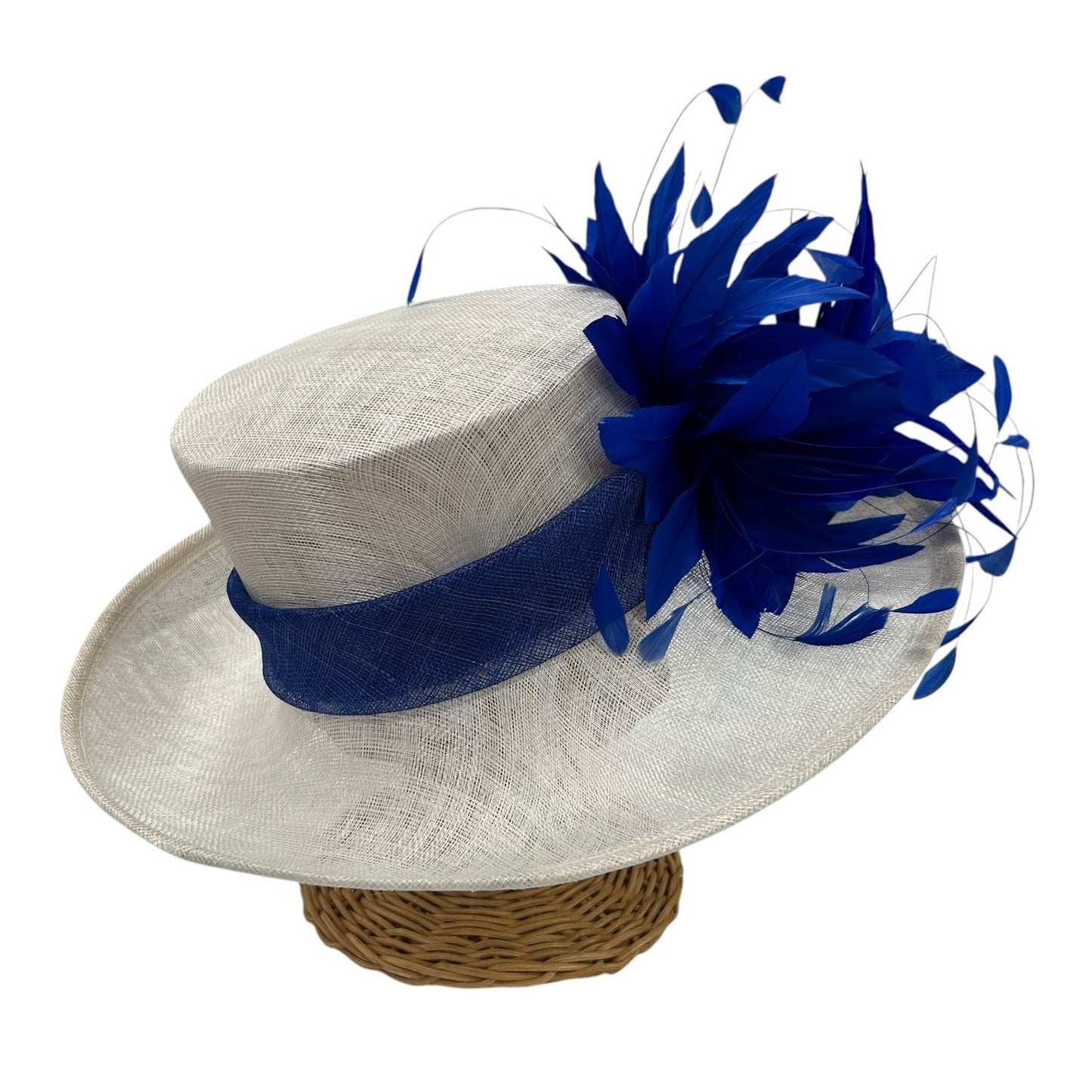 Unbranded Royal Blue & White Feather Embellished Derby / Church / Easter Hat