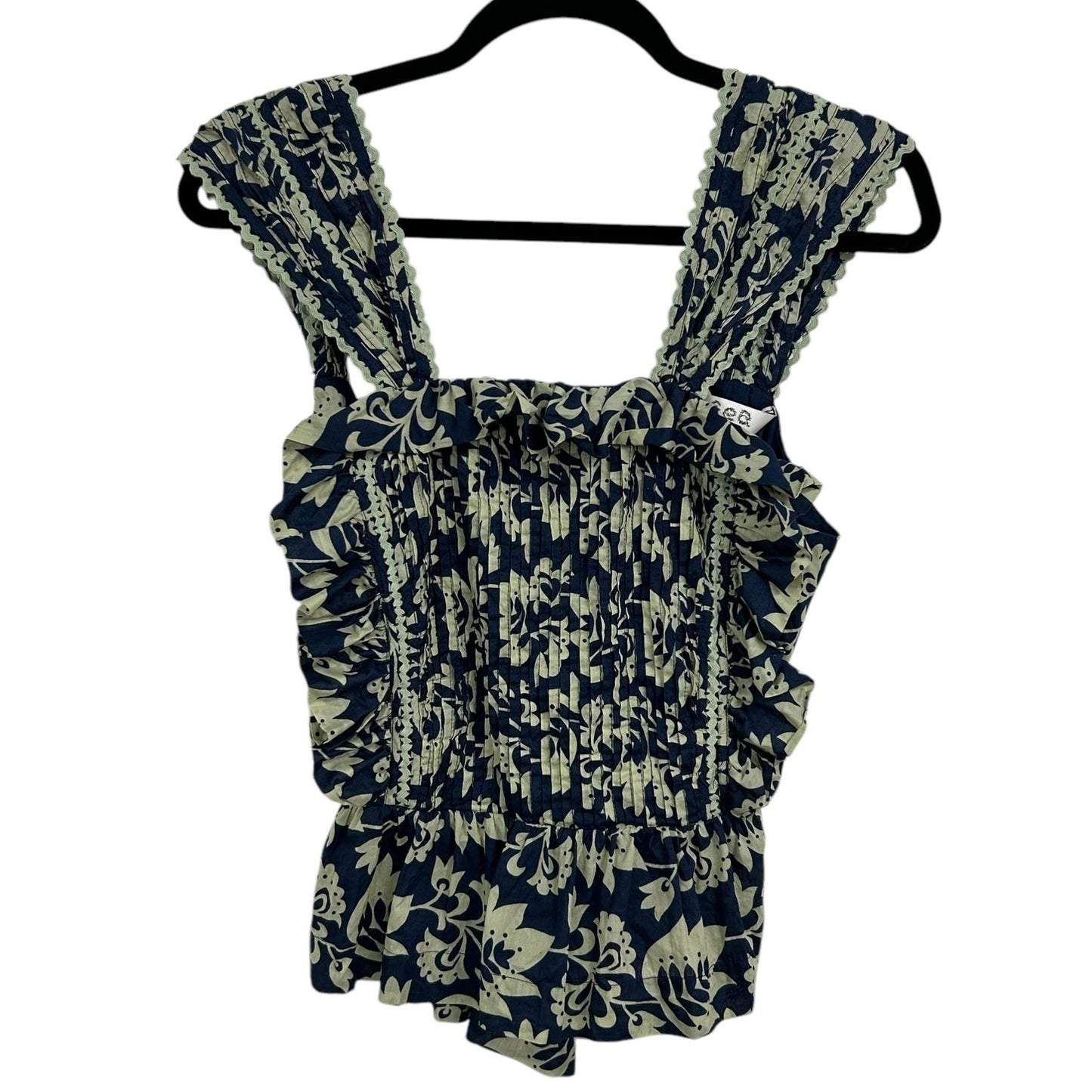 Sea New York Navy Tan Floral Print Sleeveless Cotton Smocked Top Womens Small