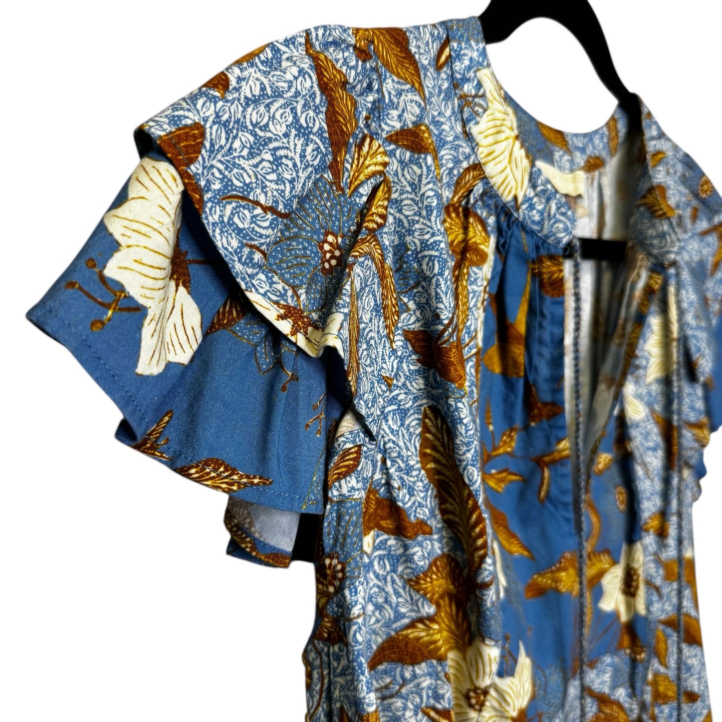 Ulla Johnson Blue Orange Floral Flutter Sleeve V Neck Cotton Top Womens 8