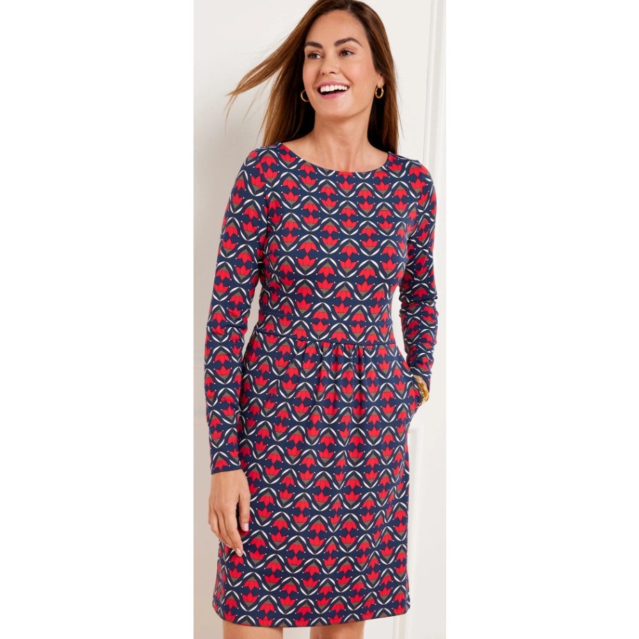 NWT Talbots Effortless Jersey A-Line Dress Ditsy Flip Red Navy Green Size Small